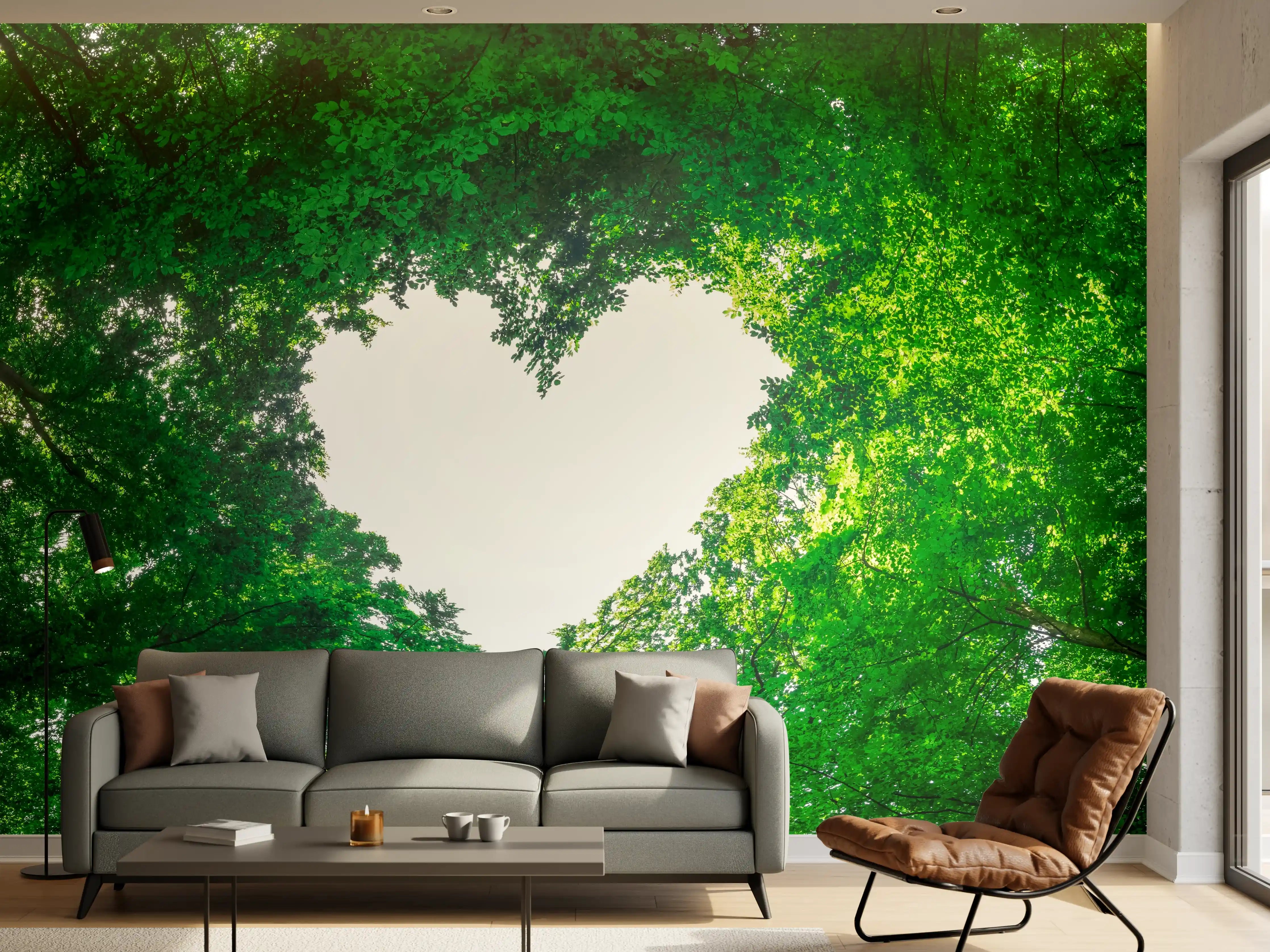 Wandverkleidung Wohnzimmer - Panorama - Baumkronen formen ein Herz
