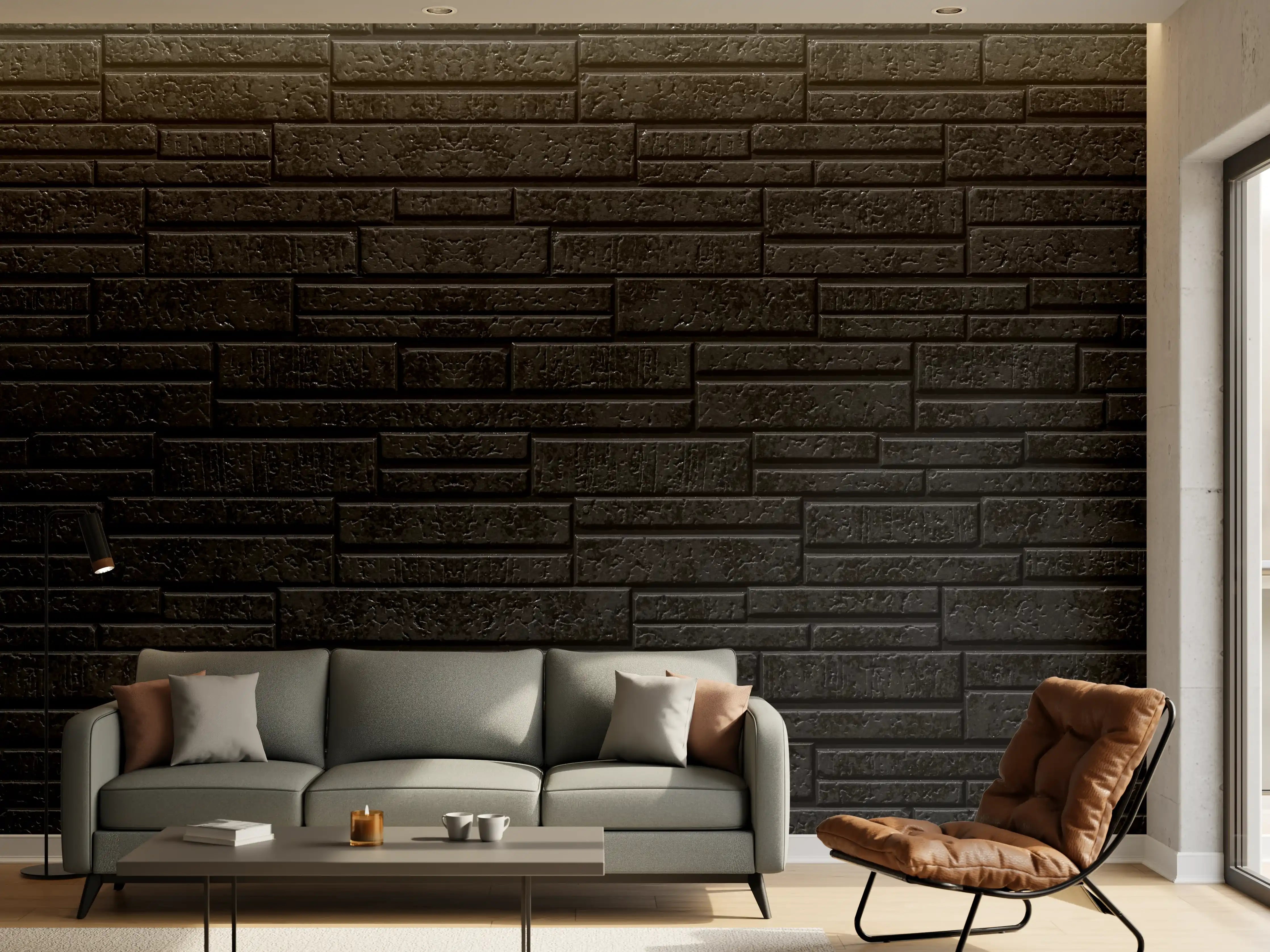 Wandverkleidung Wohnzimmer - Panorama - Schwarze Steinmauer