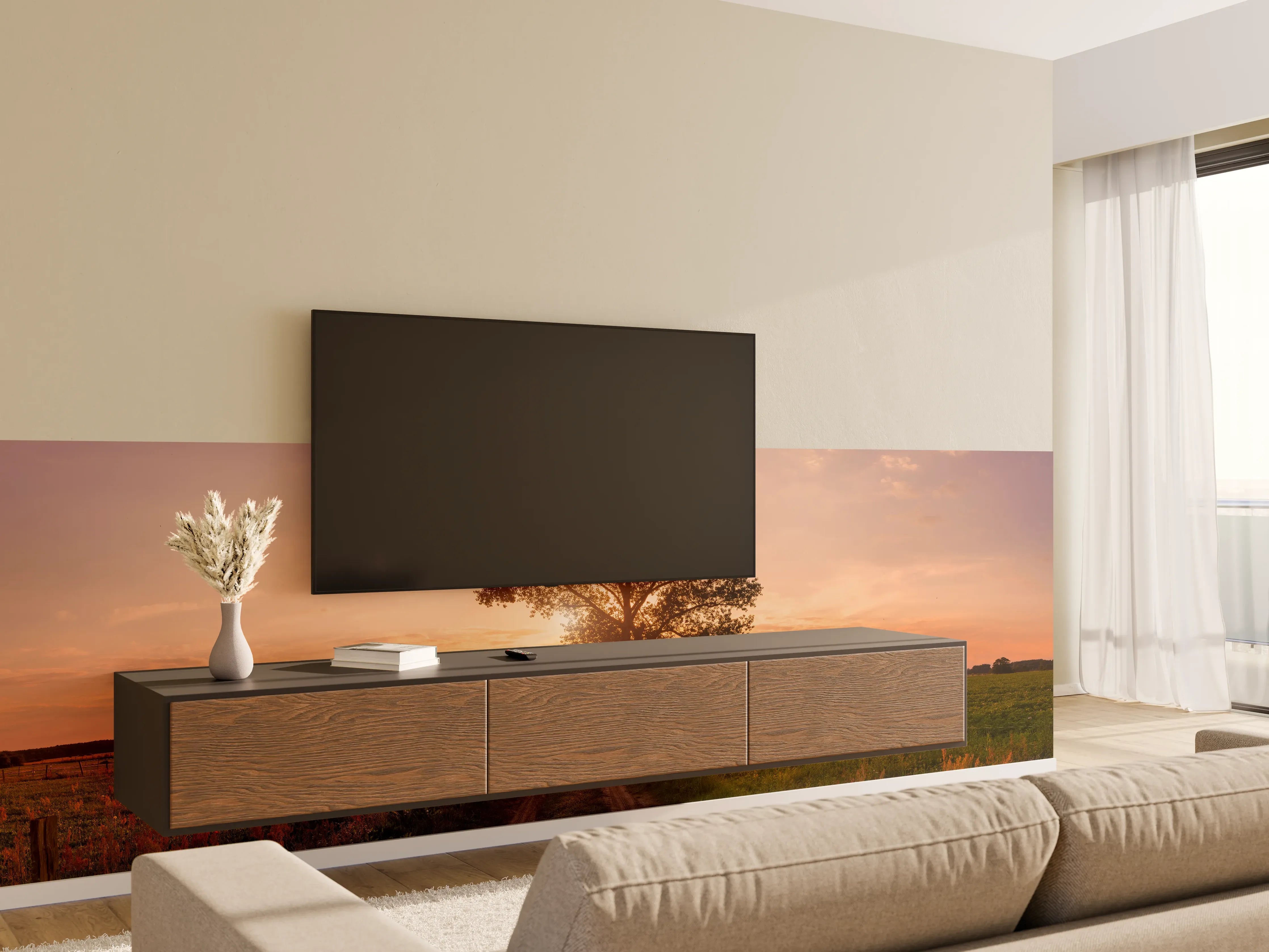 Wandverkleidung Wohnzimmer - Panorama Landleben Feldweg