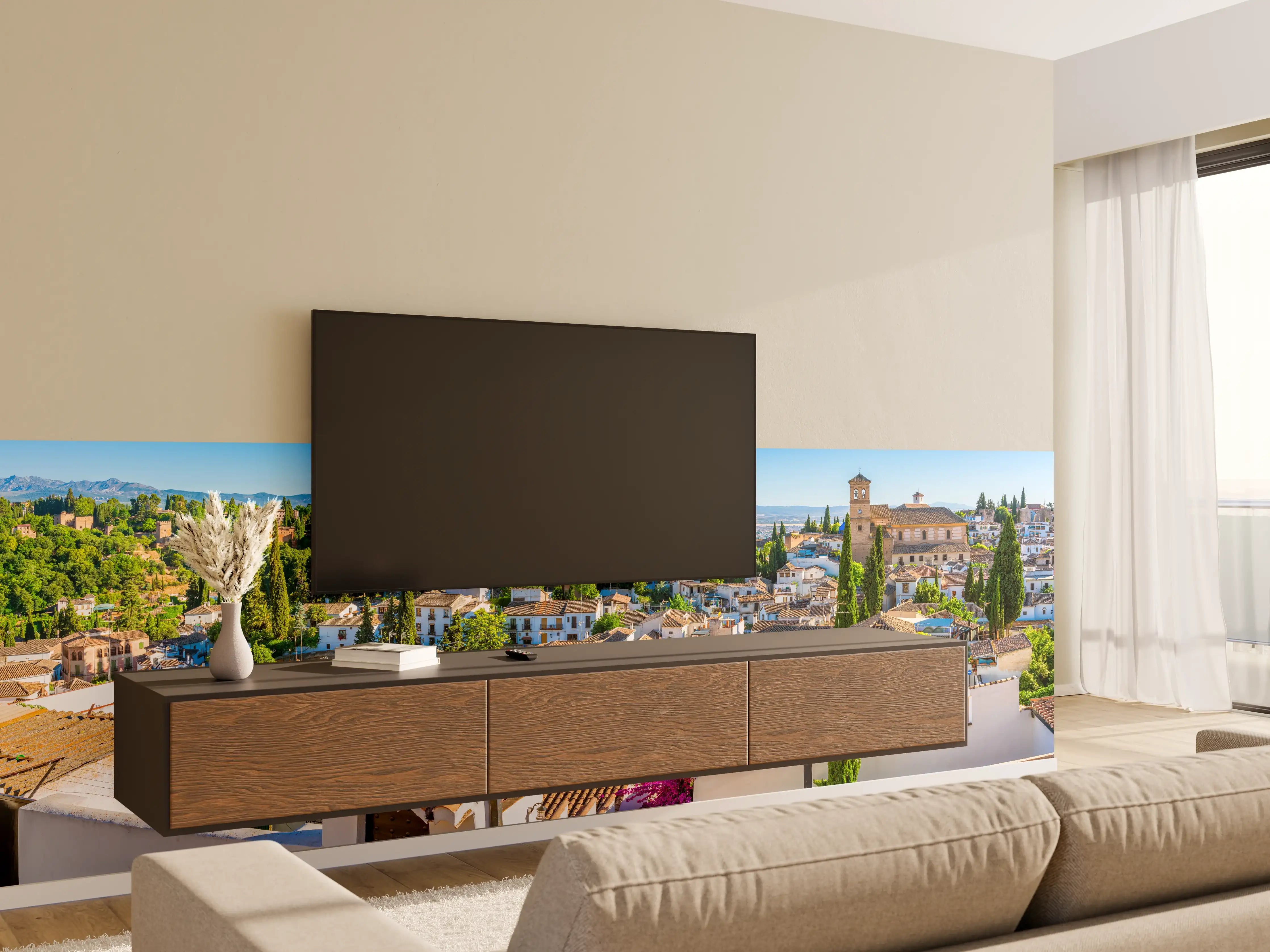 Wandverkleidung Wohnzimmer - Panorama der Stadt mit historischen Gebäuden
