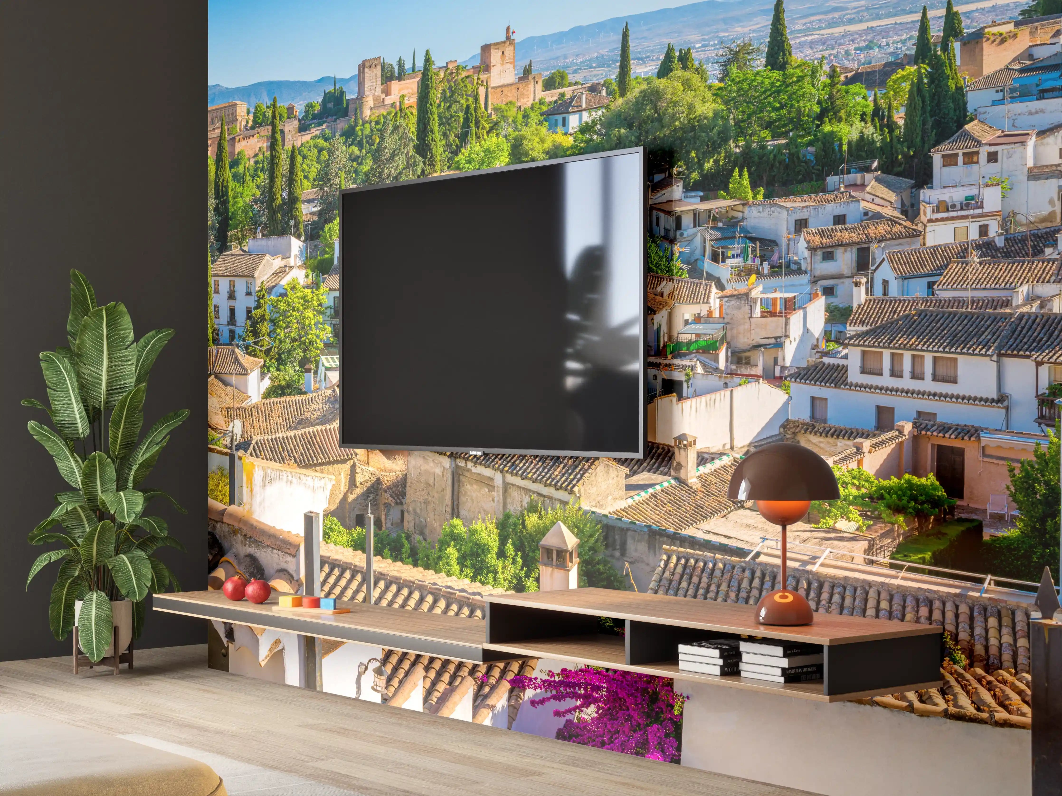 Wandverkleidung Wohnzimmer - Panorama der Stadt mit historischen Gebäuden