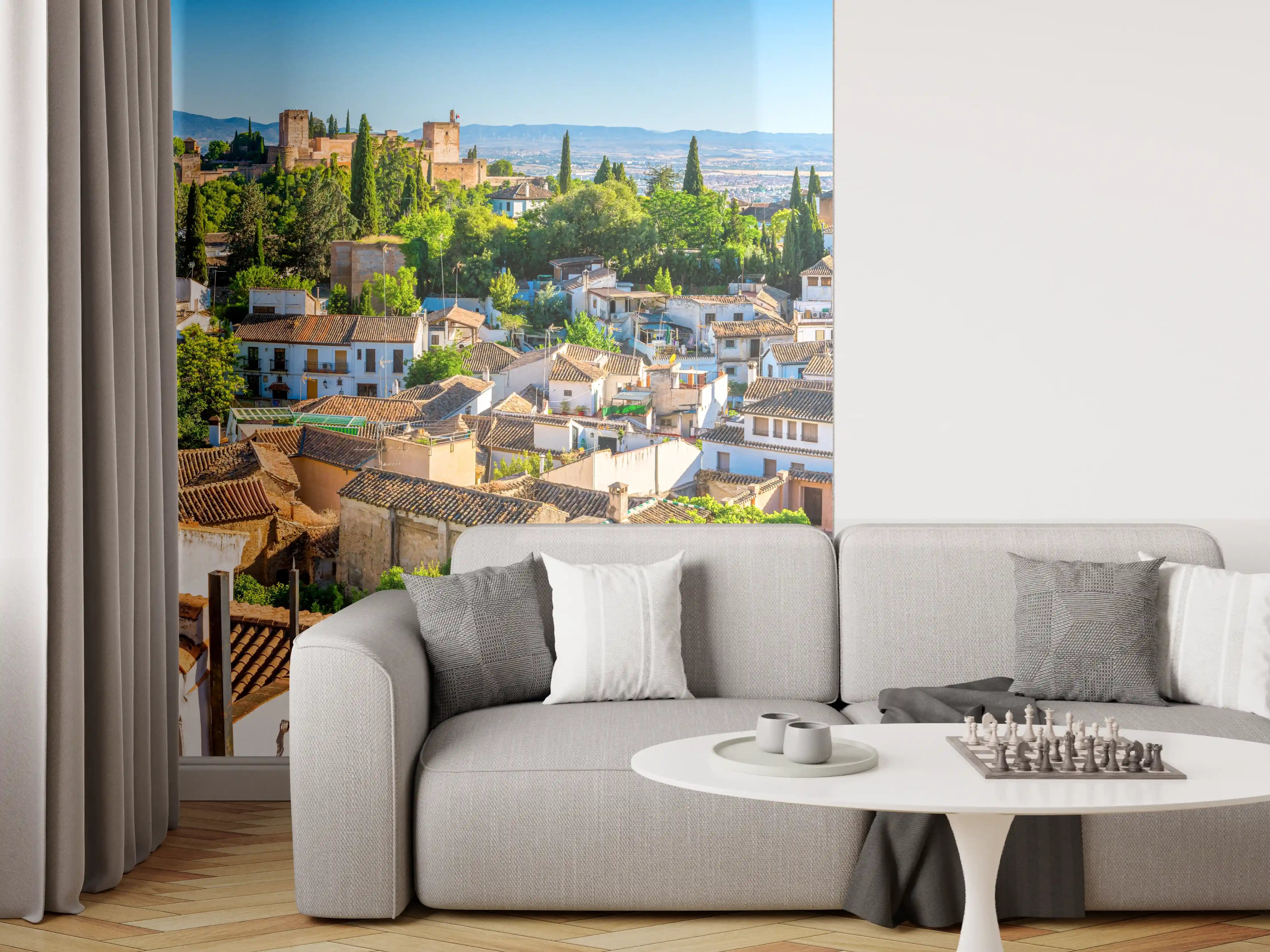 Wandverkleidung Wohnzimmer - Panorama der Stadt mit historischen Gebäuden