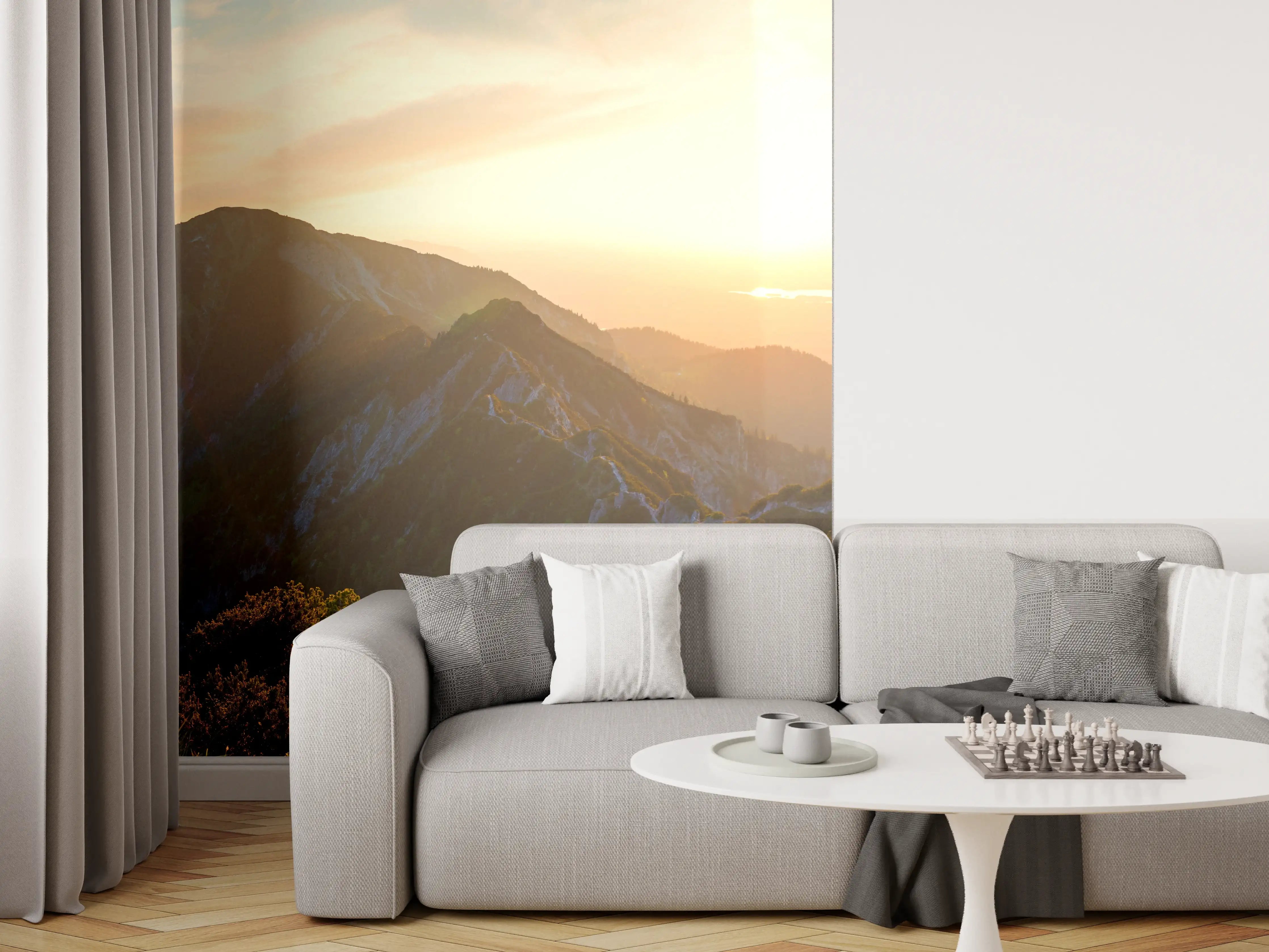 Wandverkleidung Wohnzimmer - Panorama der bayrischen Alpen bei Abendsonne