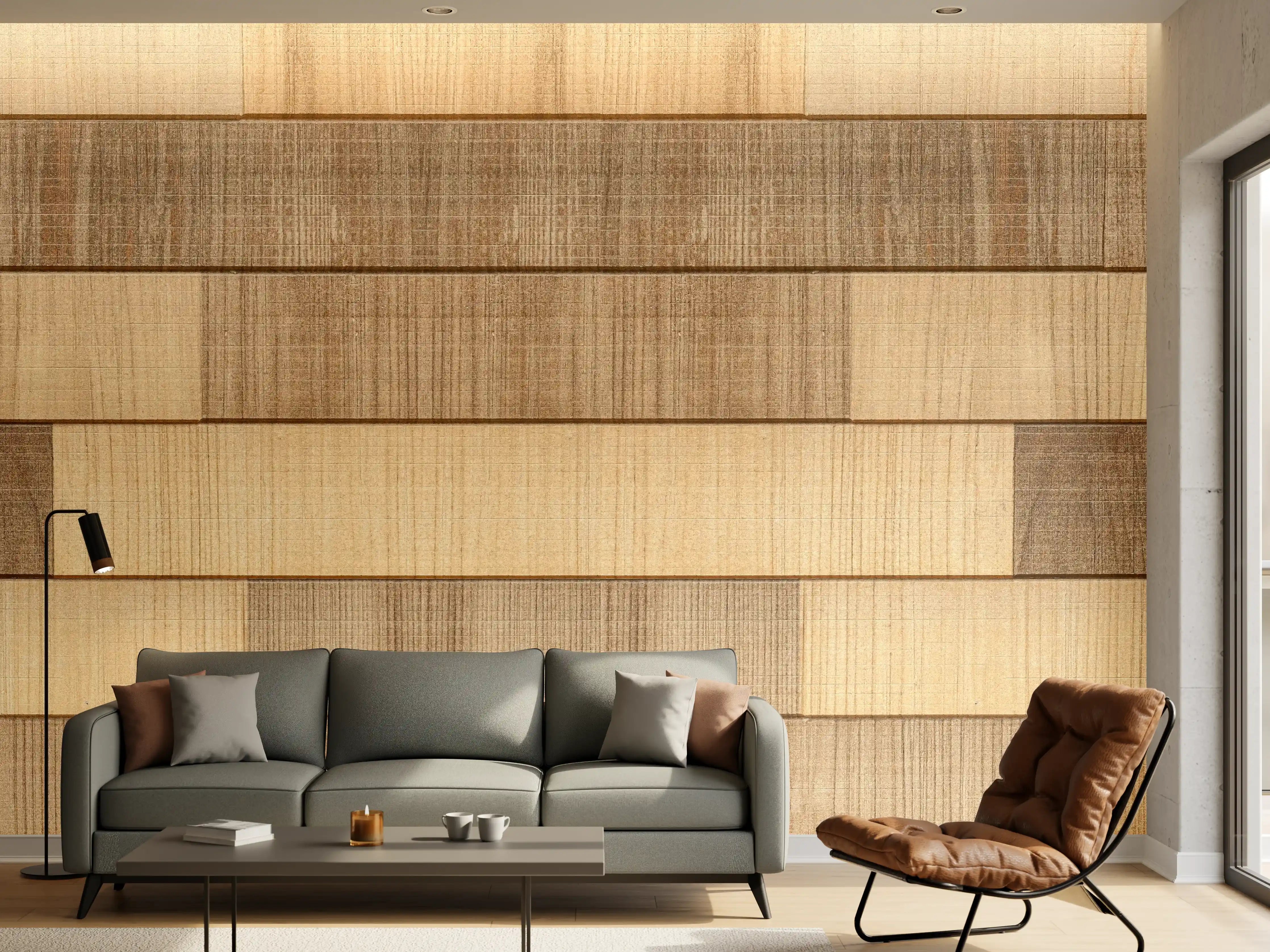 Wandverkleidung Wohnzimmer - Panorama der braunen Holzplanken