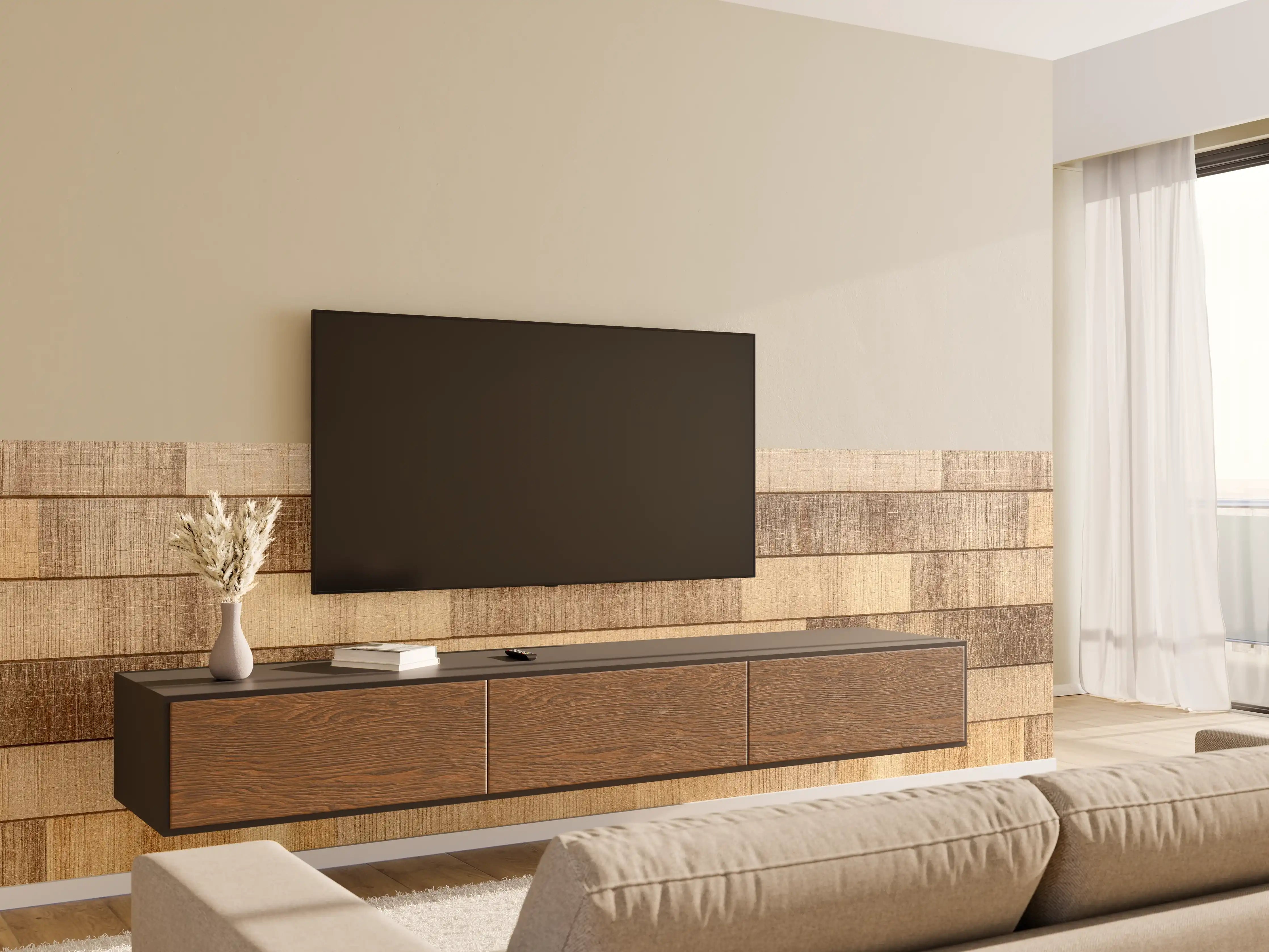 Wandverkleidung Wohnzimmer - Panorama der braunen Holzplanken