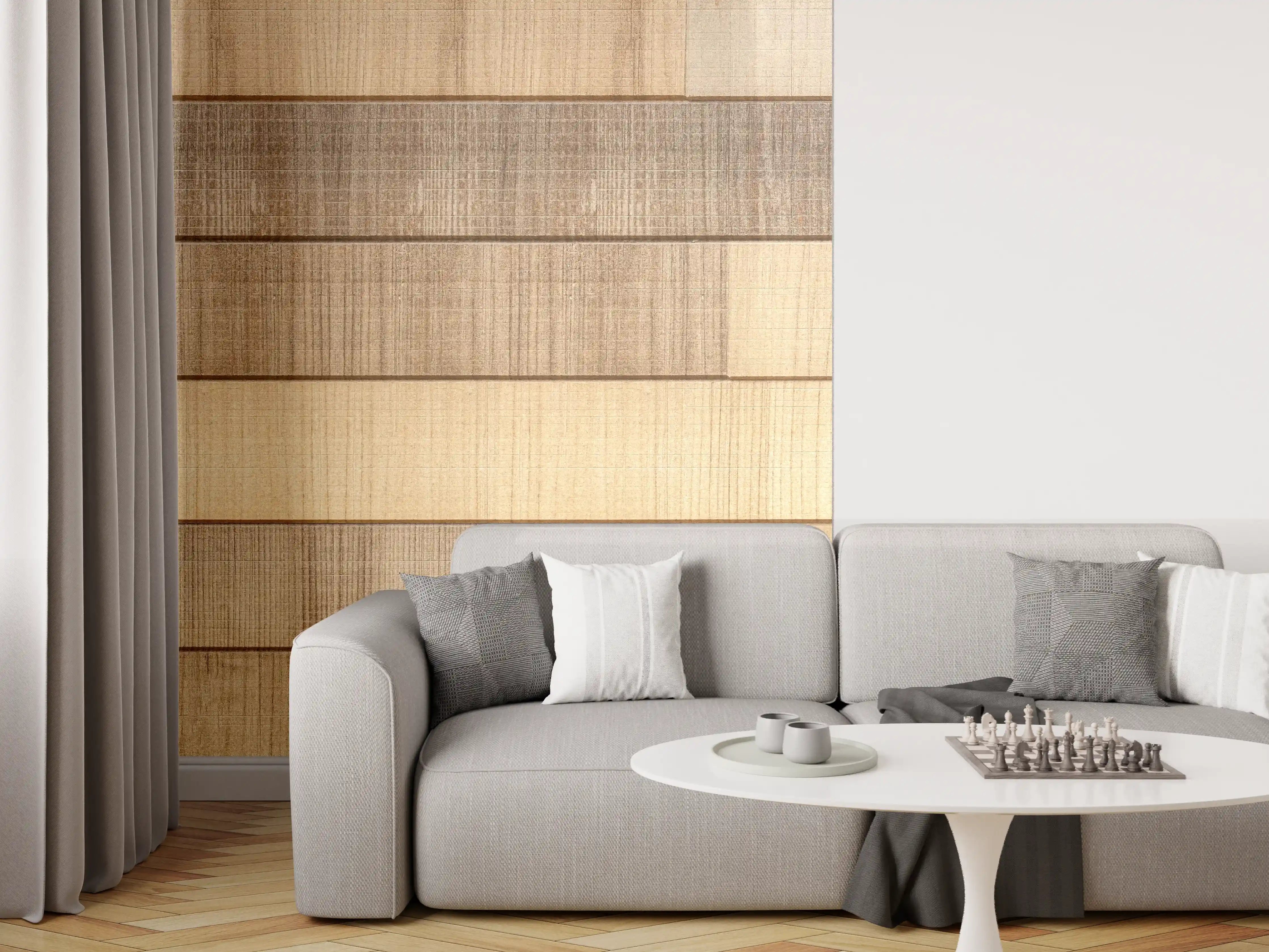 Wandverkleidung Wohnzimmer - Panorama der braunen Holzplanken
