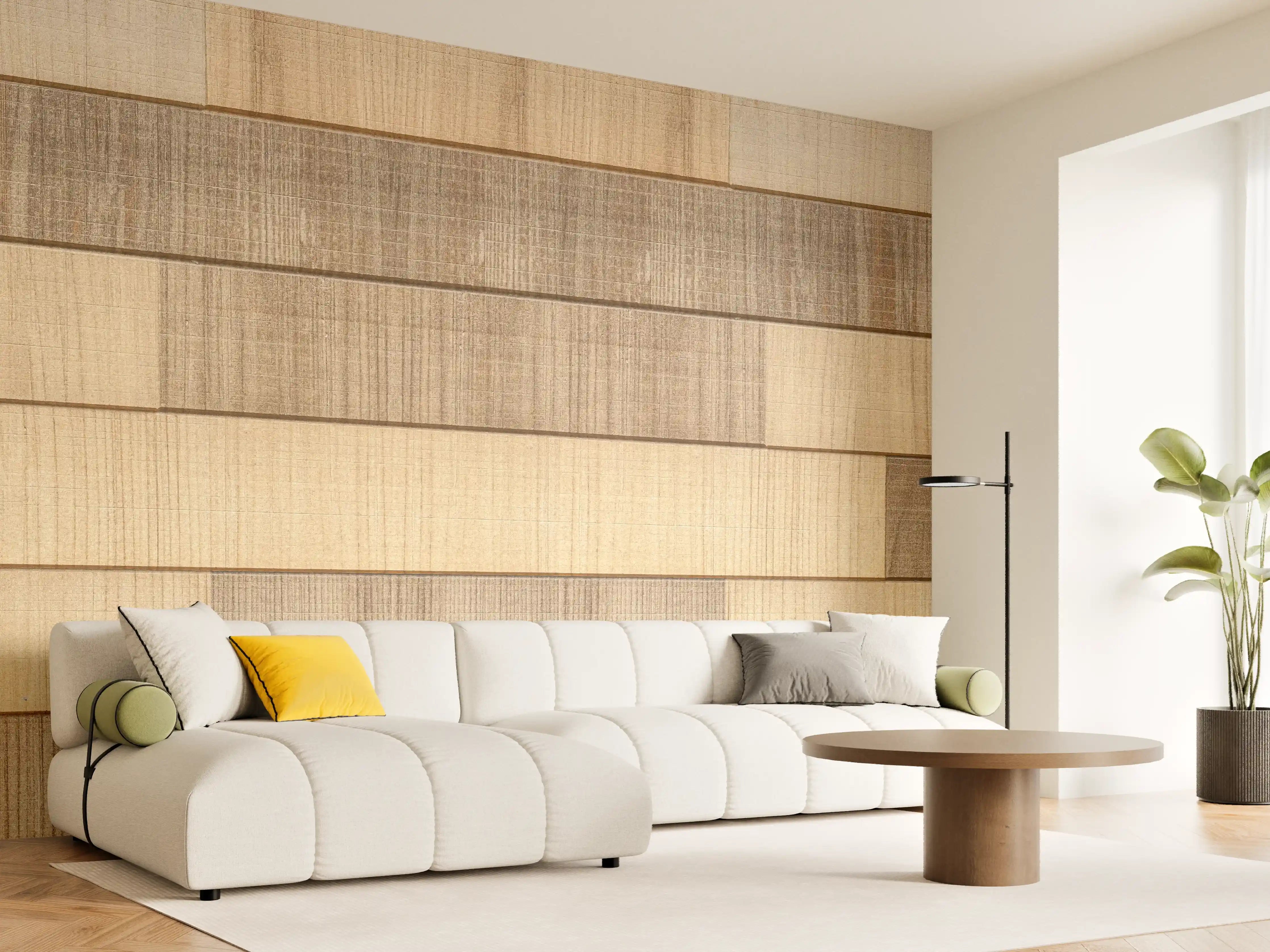 Wandverkleidung Wohnzimmer - Panorama der braunen Holzplanken