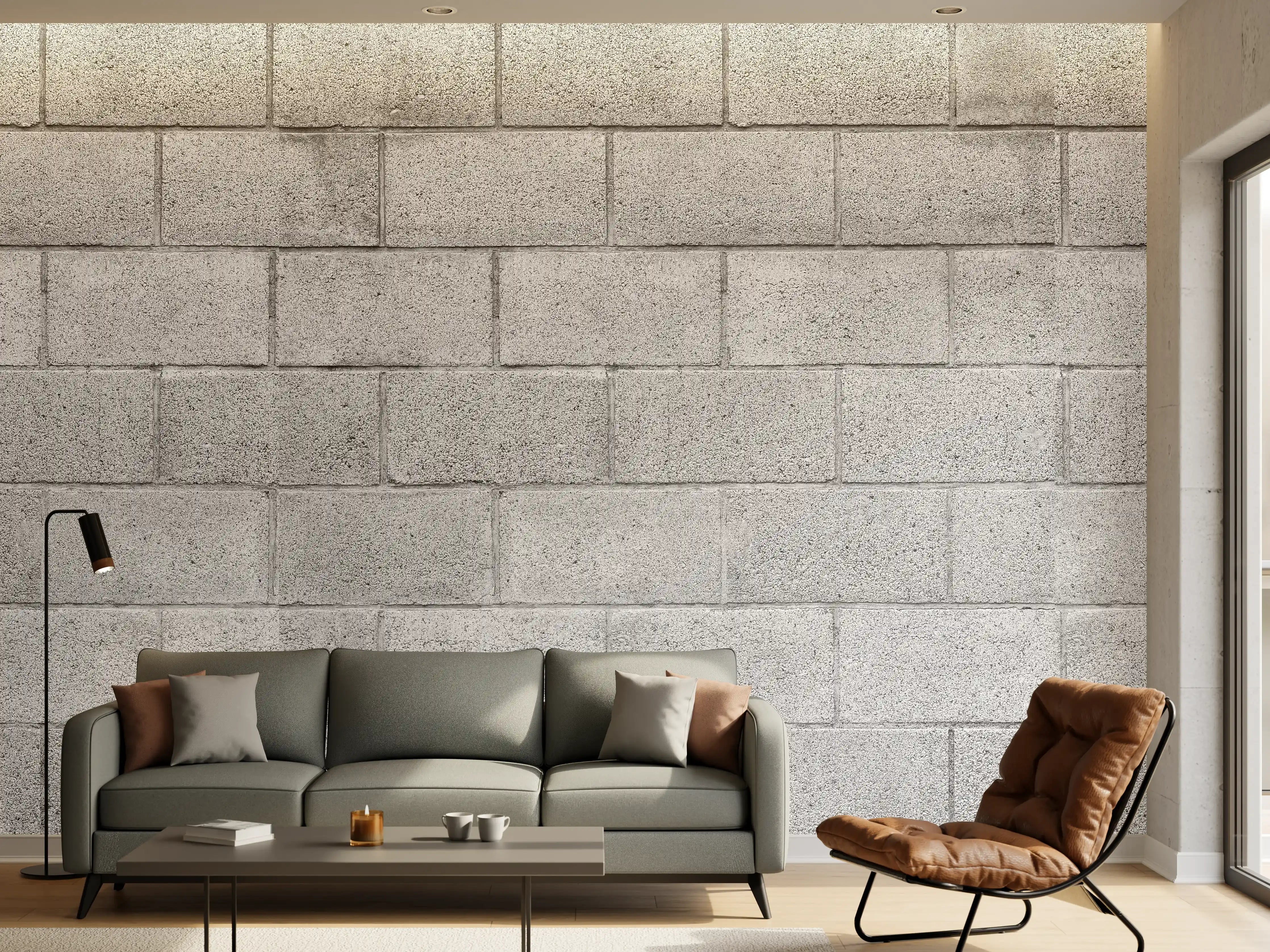 Wandverkleidung Wohnzimmer - Panorama der grauen Zementblockwand