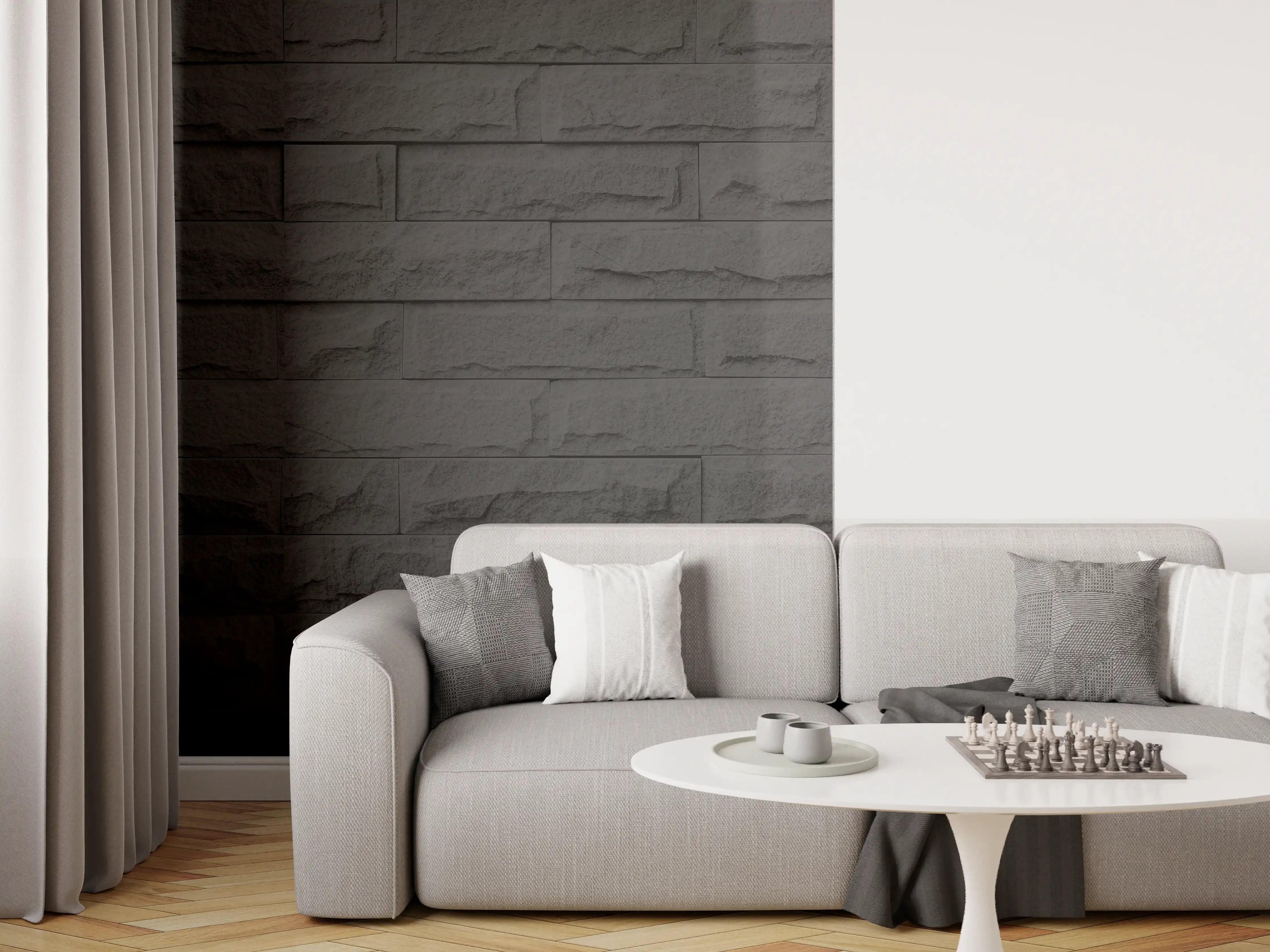 Wandverkleidung Wohnzimmer - Panorama der modernen schwarzen Backsteinmauer