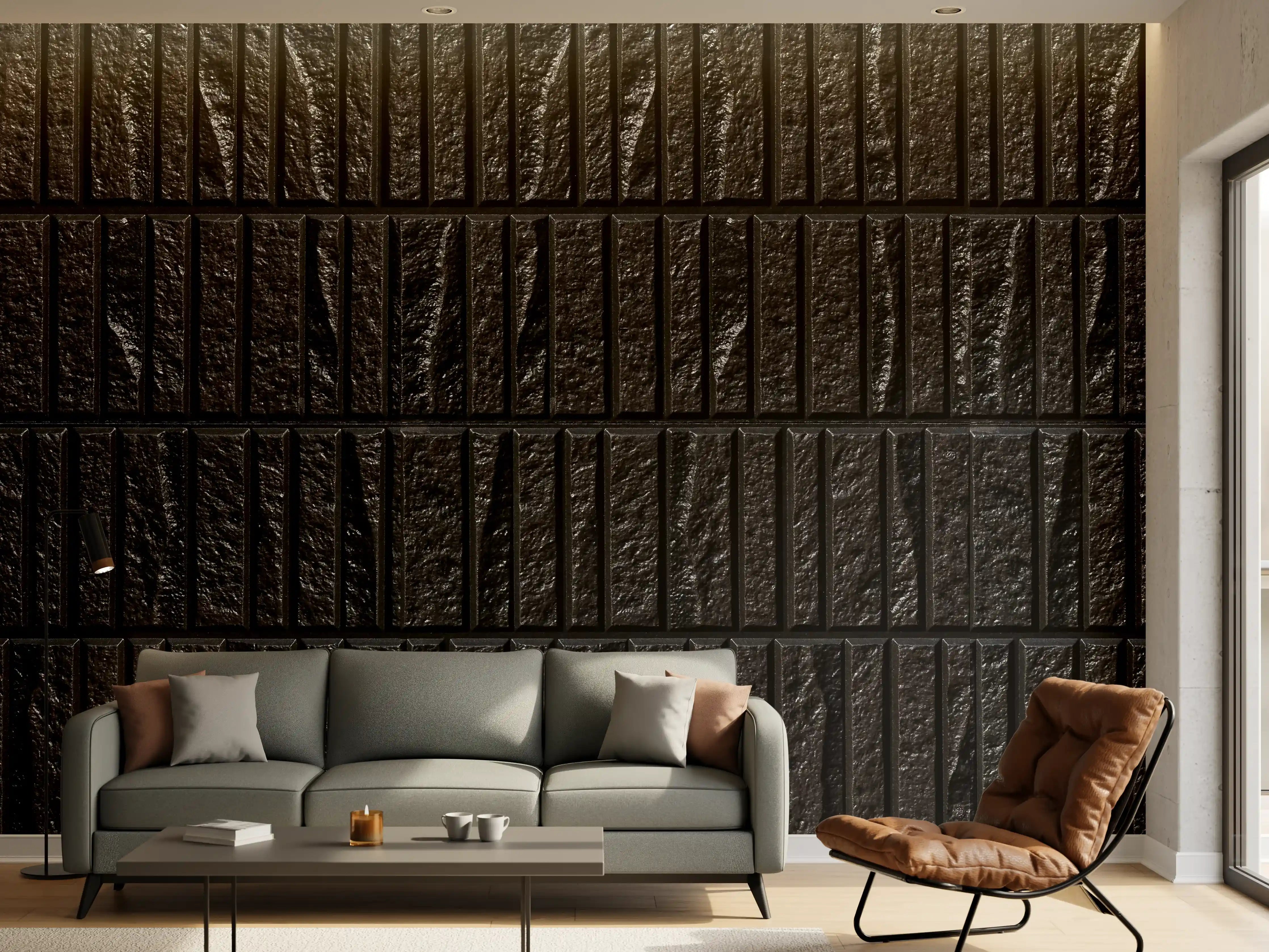 Wandverkleidung Wohnzimmer - Panorama der modernen schwarzen Steinfliese