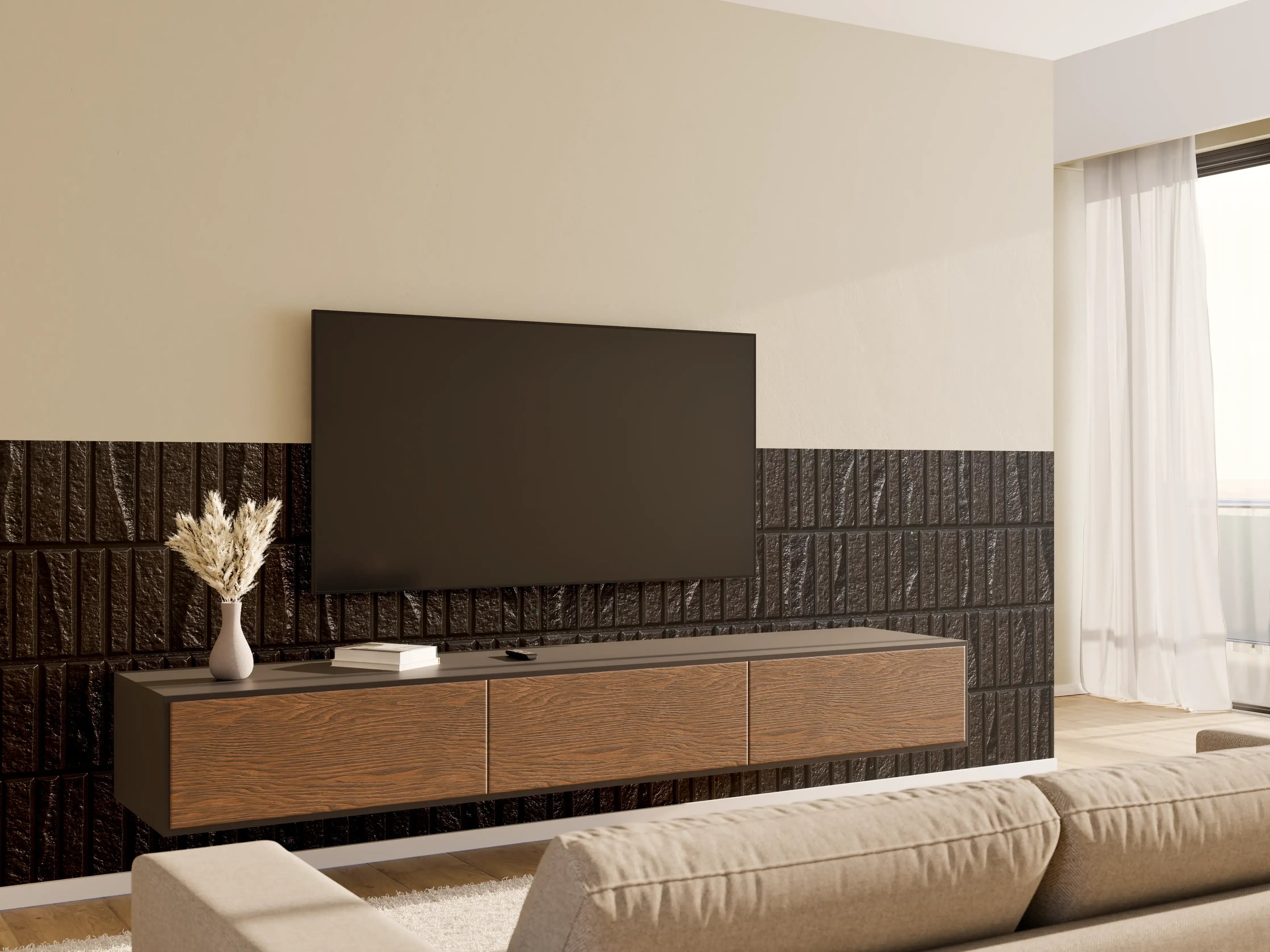 Wandverkleidung Wohnzimmer - Panorama der modernen schwarzen Steinfliese