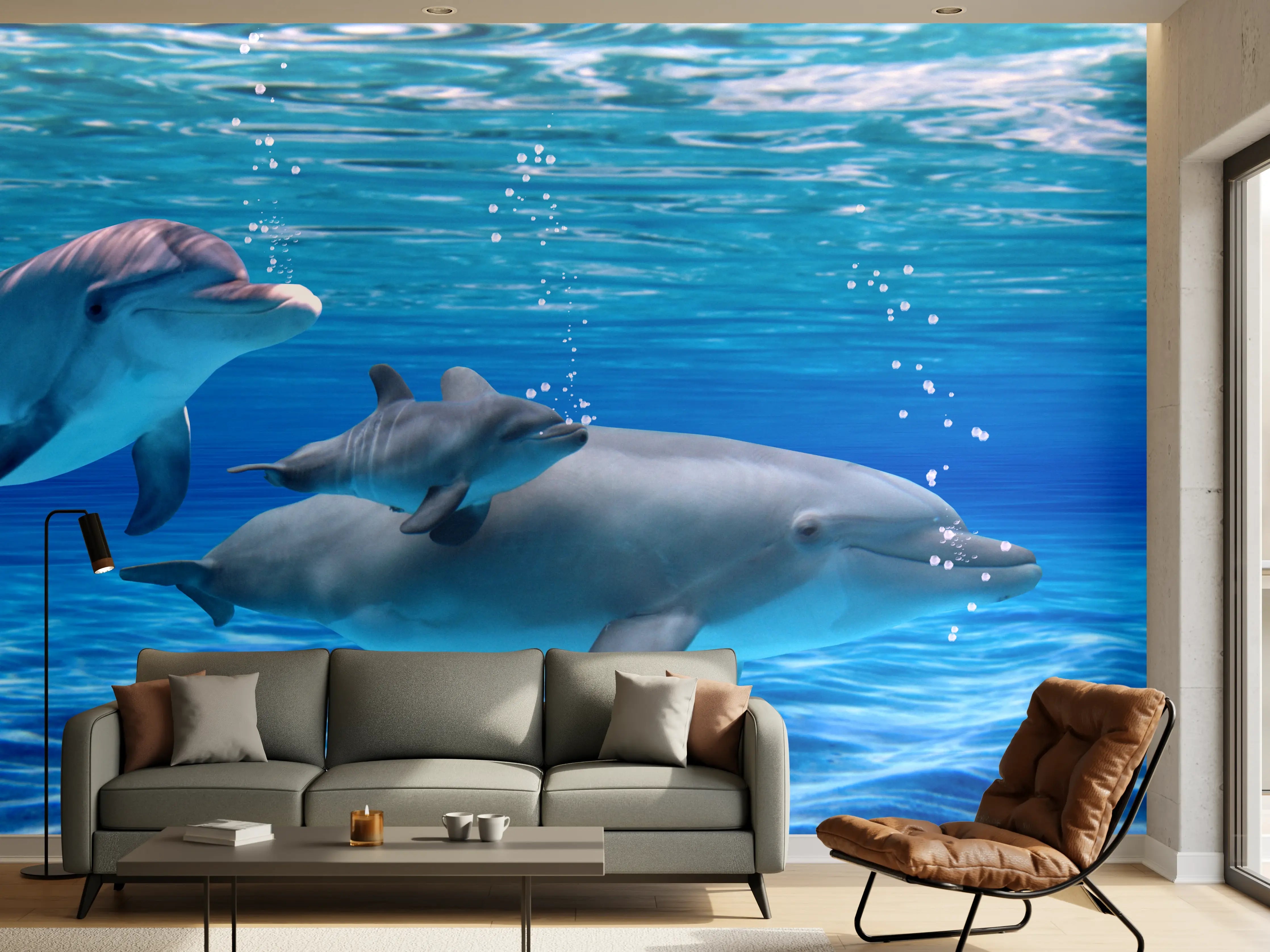 Wandverkleidung Wohnzimmer - Panorama der schwimmenden Delphine