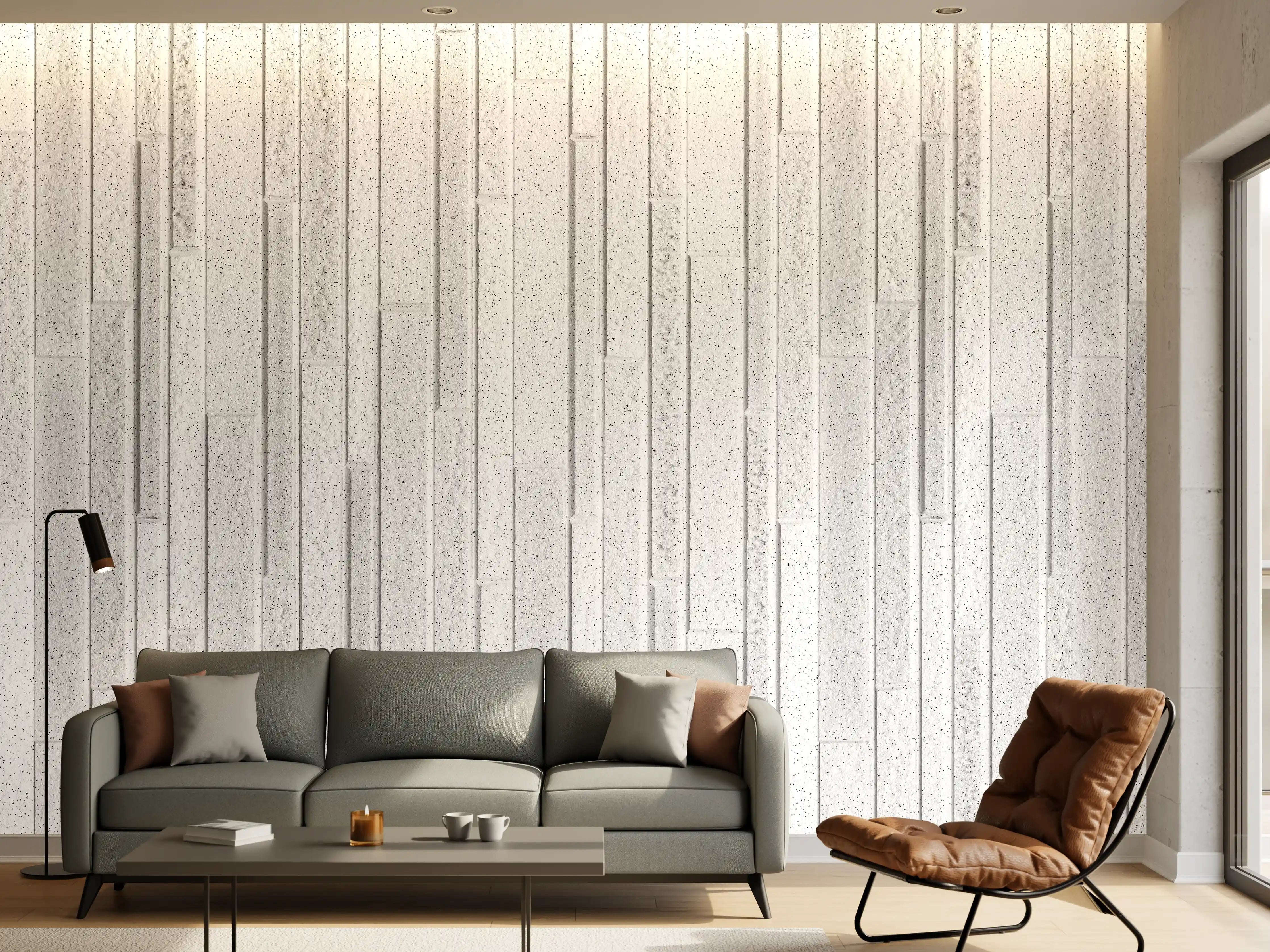 Wandverkleidung Wohnzimmer - Panorama der weißen Granitblockwand