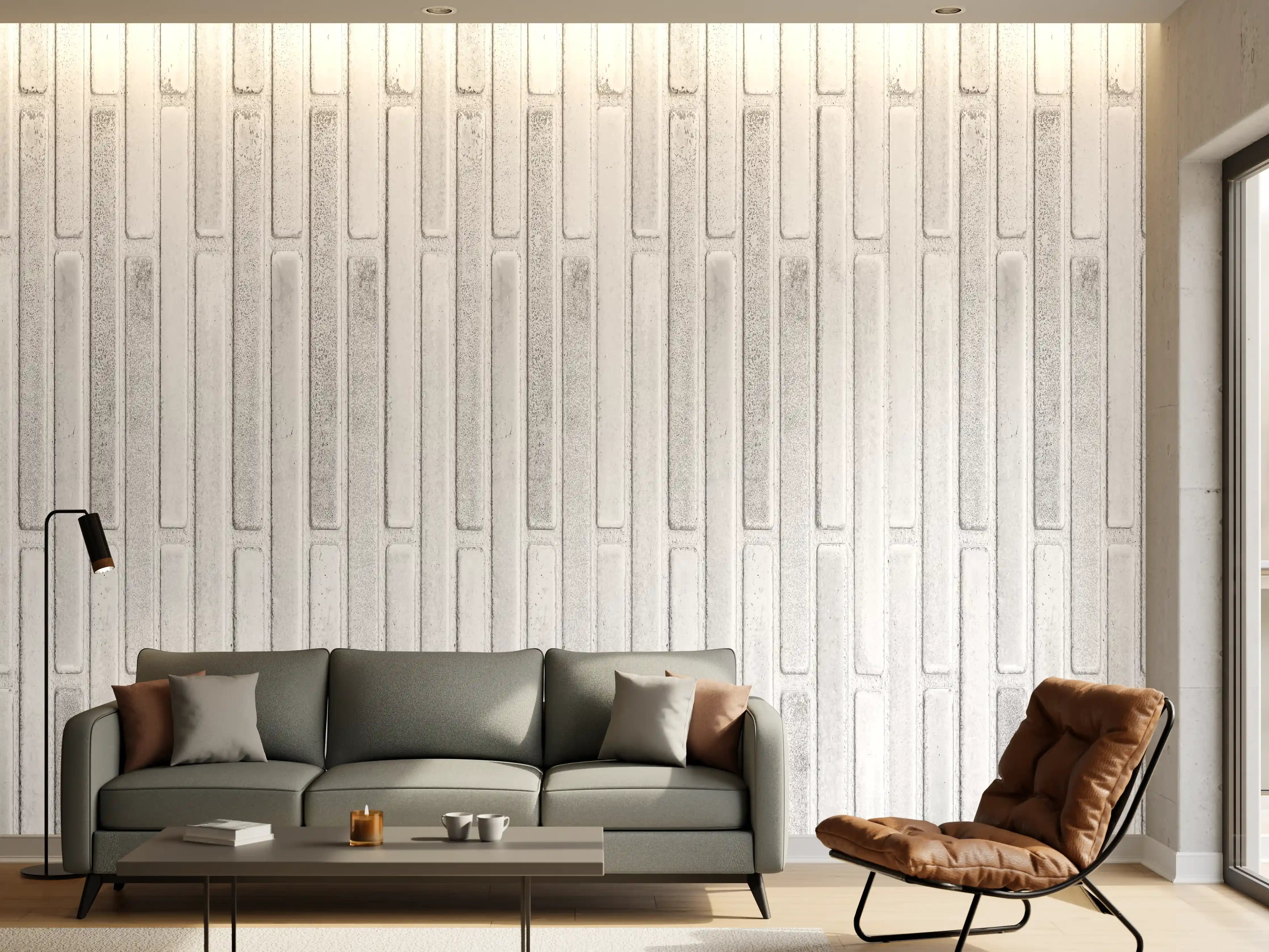 Wandverkleidung Wohnzimmer - Panorama der weißen Steinwand mit Streifen Textur