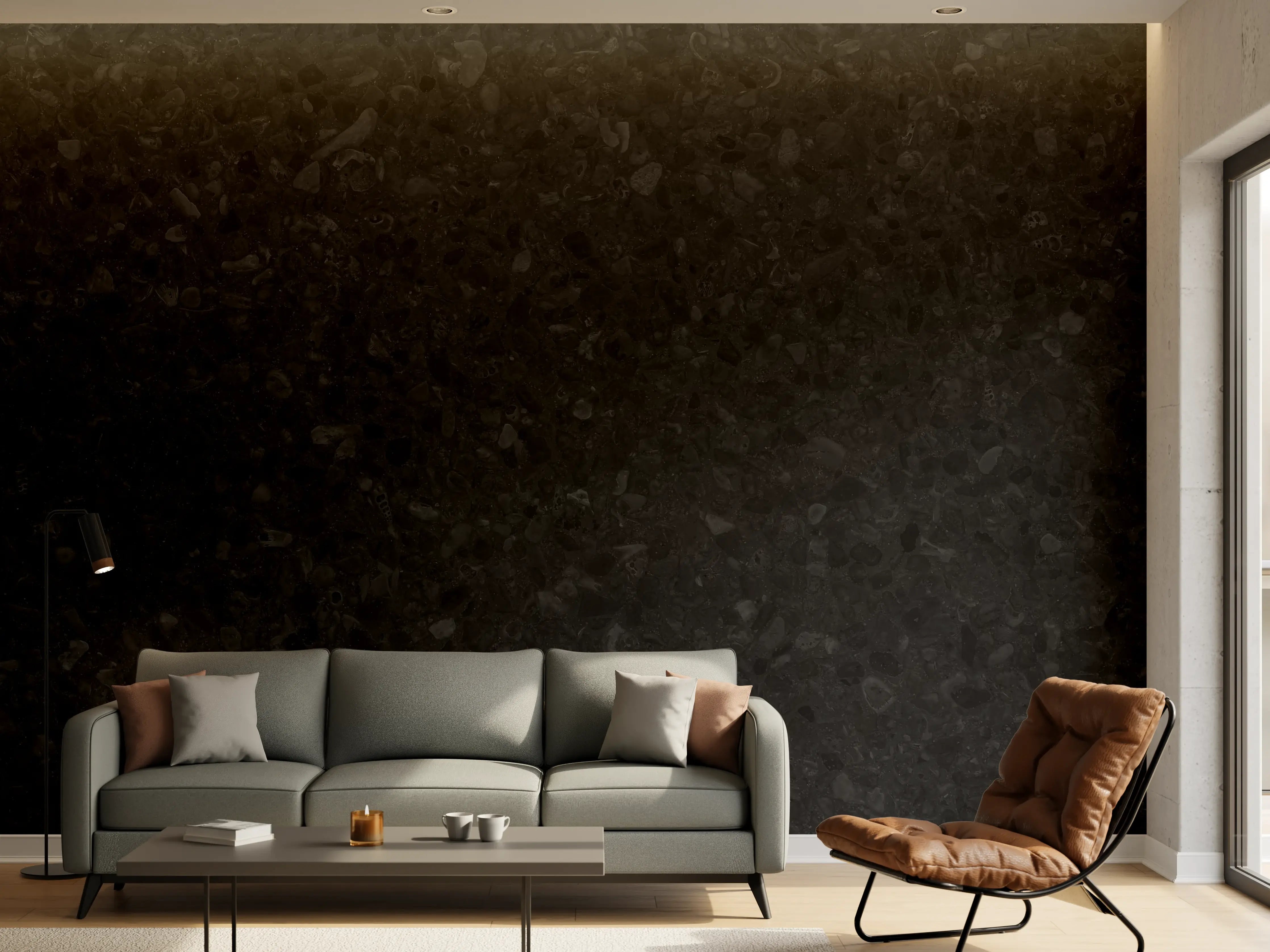 Wandverkleidung Wohnzimmer - Panorama des schwarzen Granitfliesenbodens