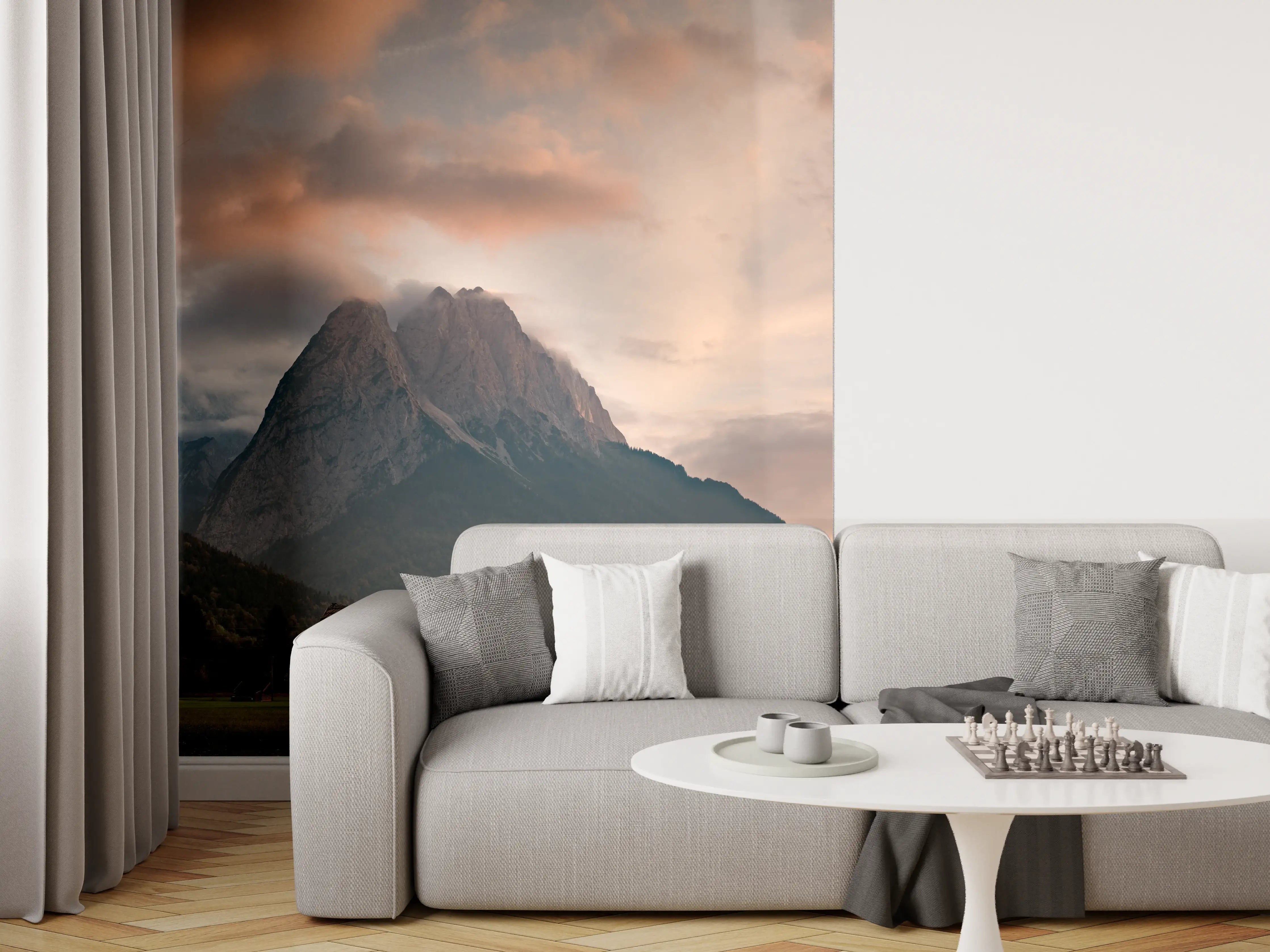 Wandverkleidung Wohnzimmer - Panorama von der wolkenverhangenen Zugspitze