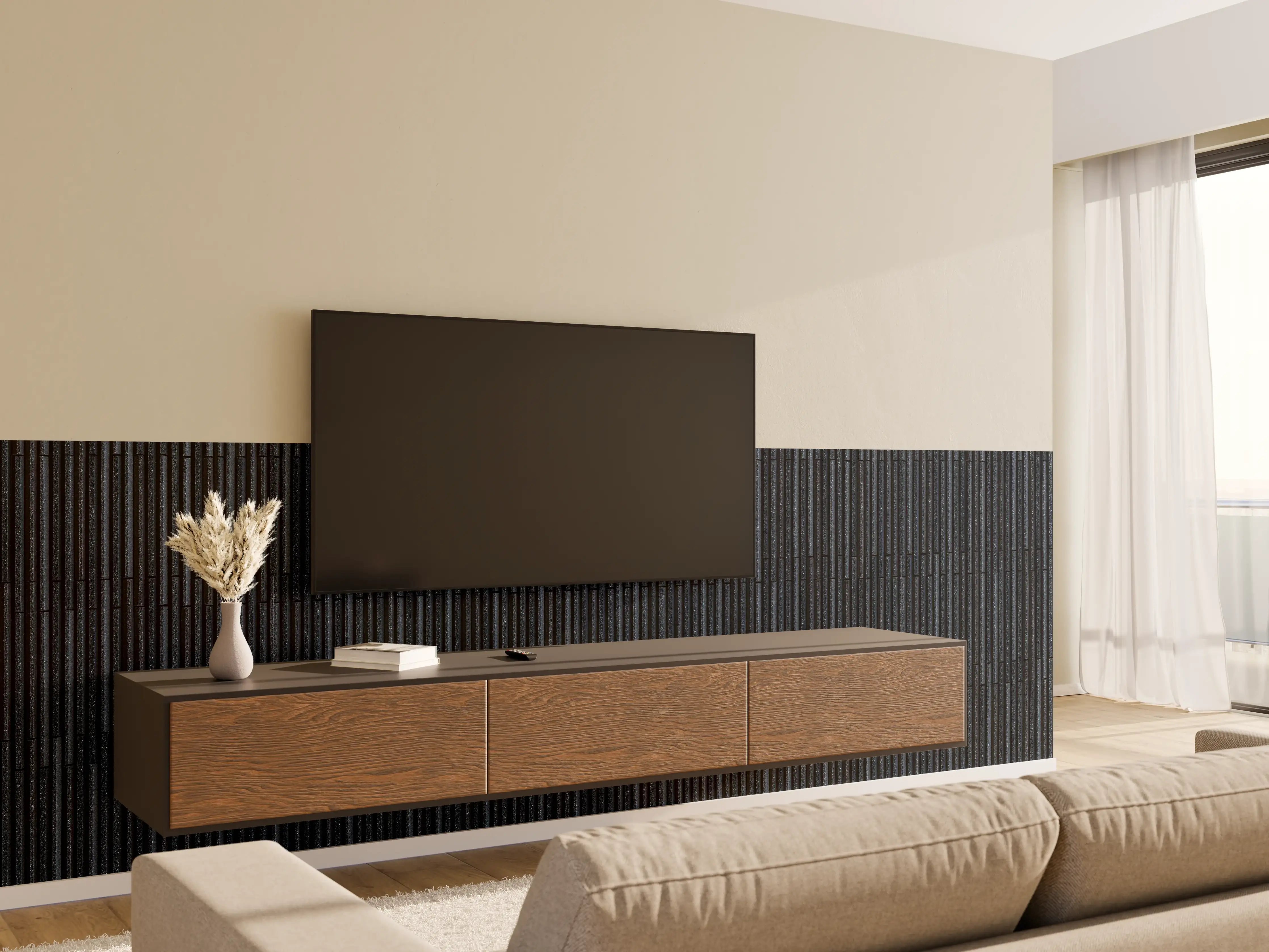 Wandverkleidung Wohnzimmer - Panorama von dunklem Granitblock