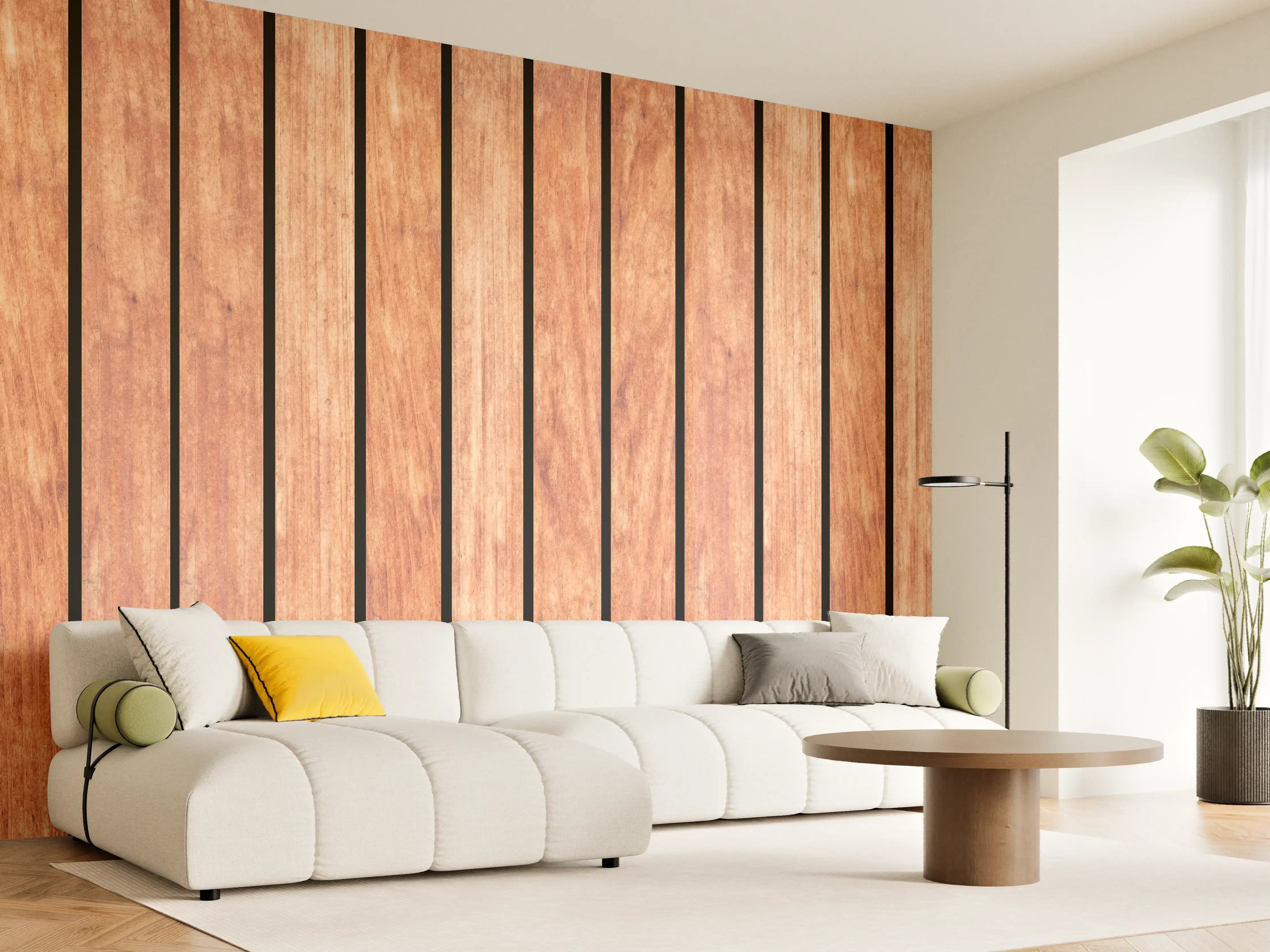 Wandverkleidung Wohnzimmer - Panorama von hellen Holzplanken