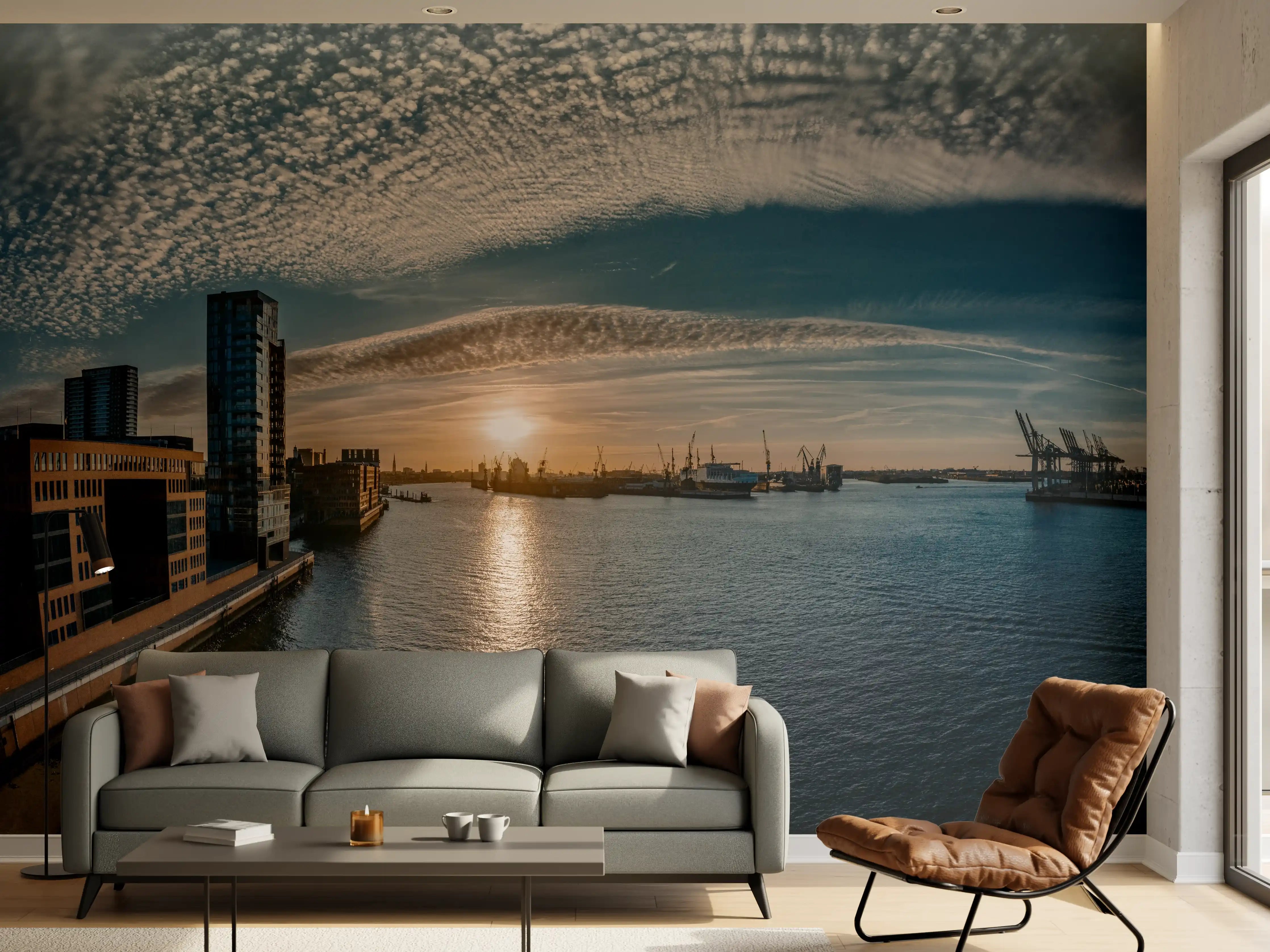 Wandverkleidung Wohnzimmer - Panoramablick Hamburg bei Sonnenuntergang
