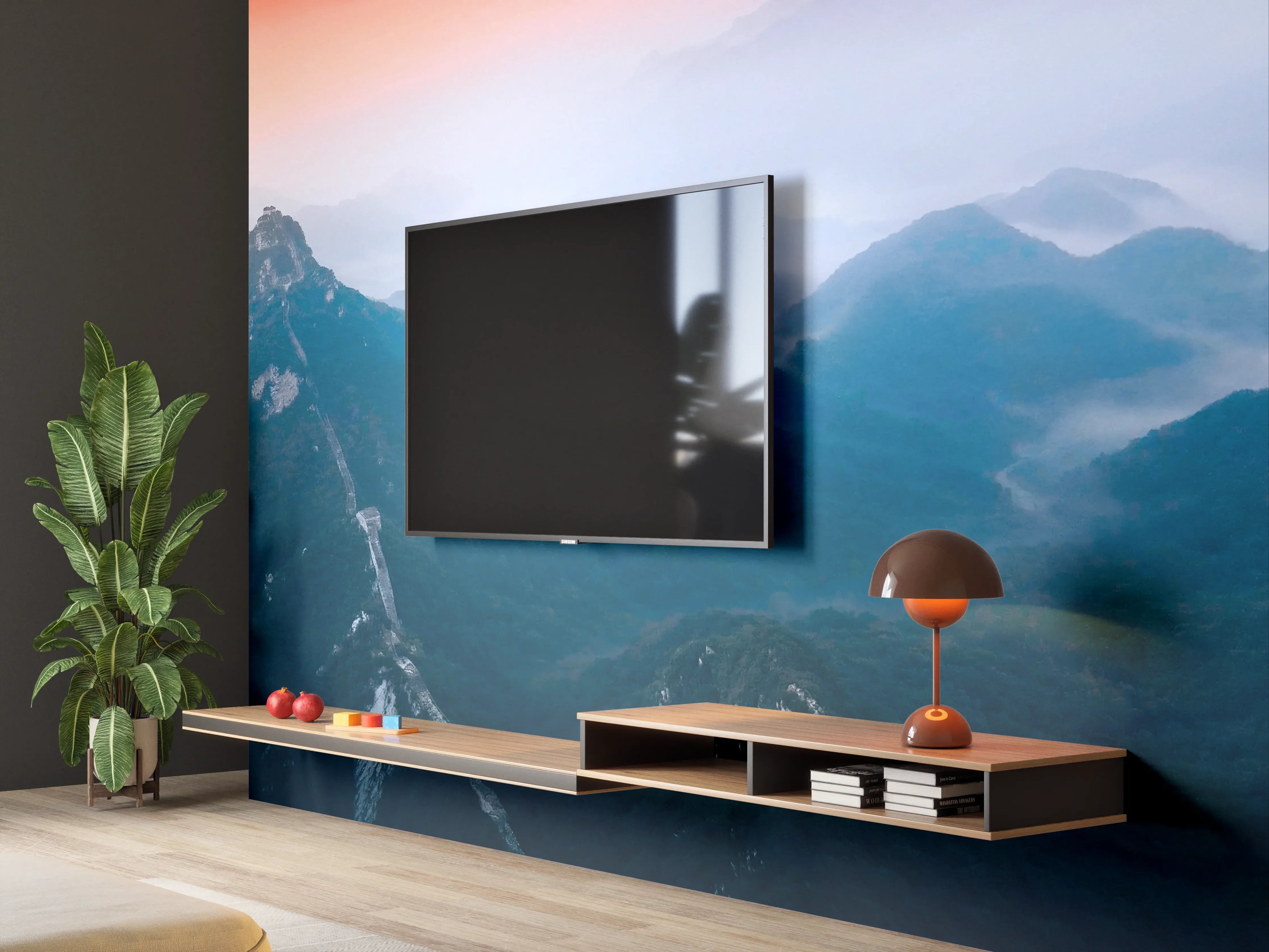 Wandverkleidung Wohnzimmer - Panoramablick auf Berge