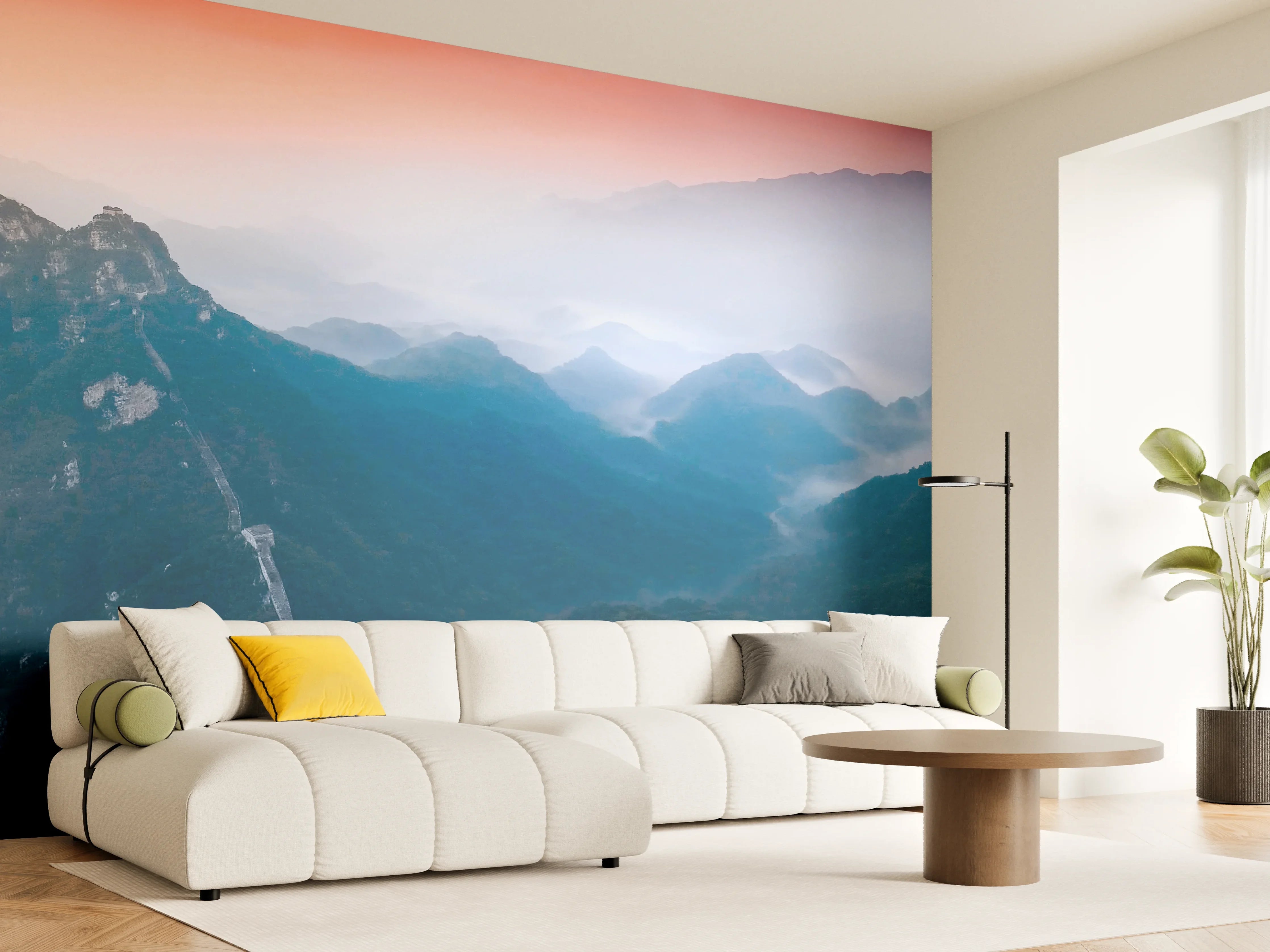 Wandverkleidung Wohnzimmer - Panoramablick auf Berge