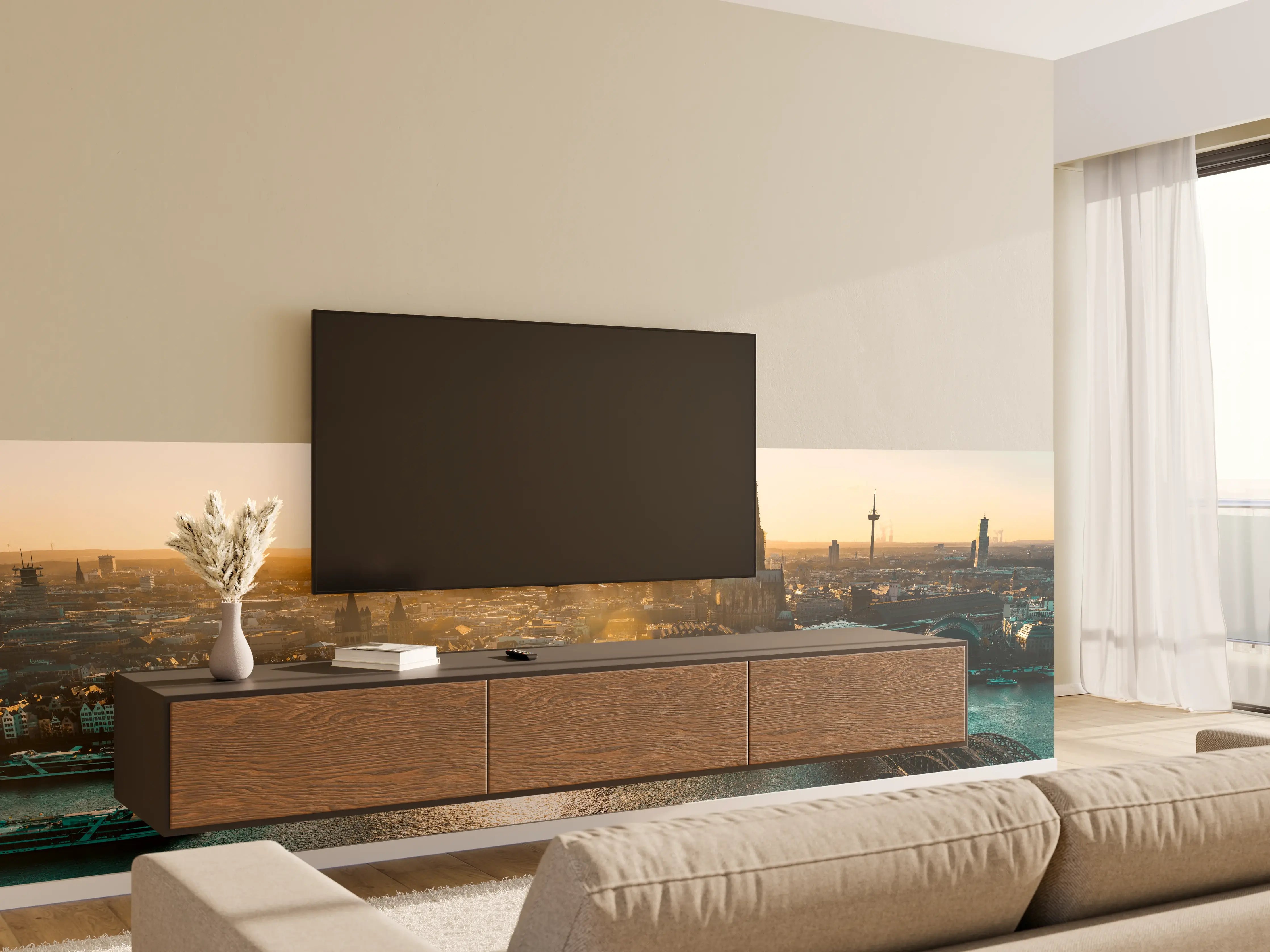 Wandverkleidung Wohnzimmer - Panoramablick auf Köln bei Sonnenaufgang