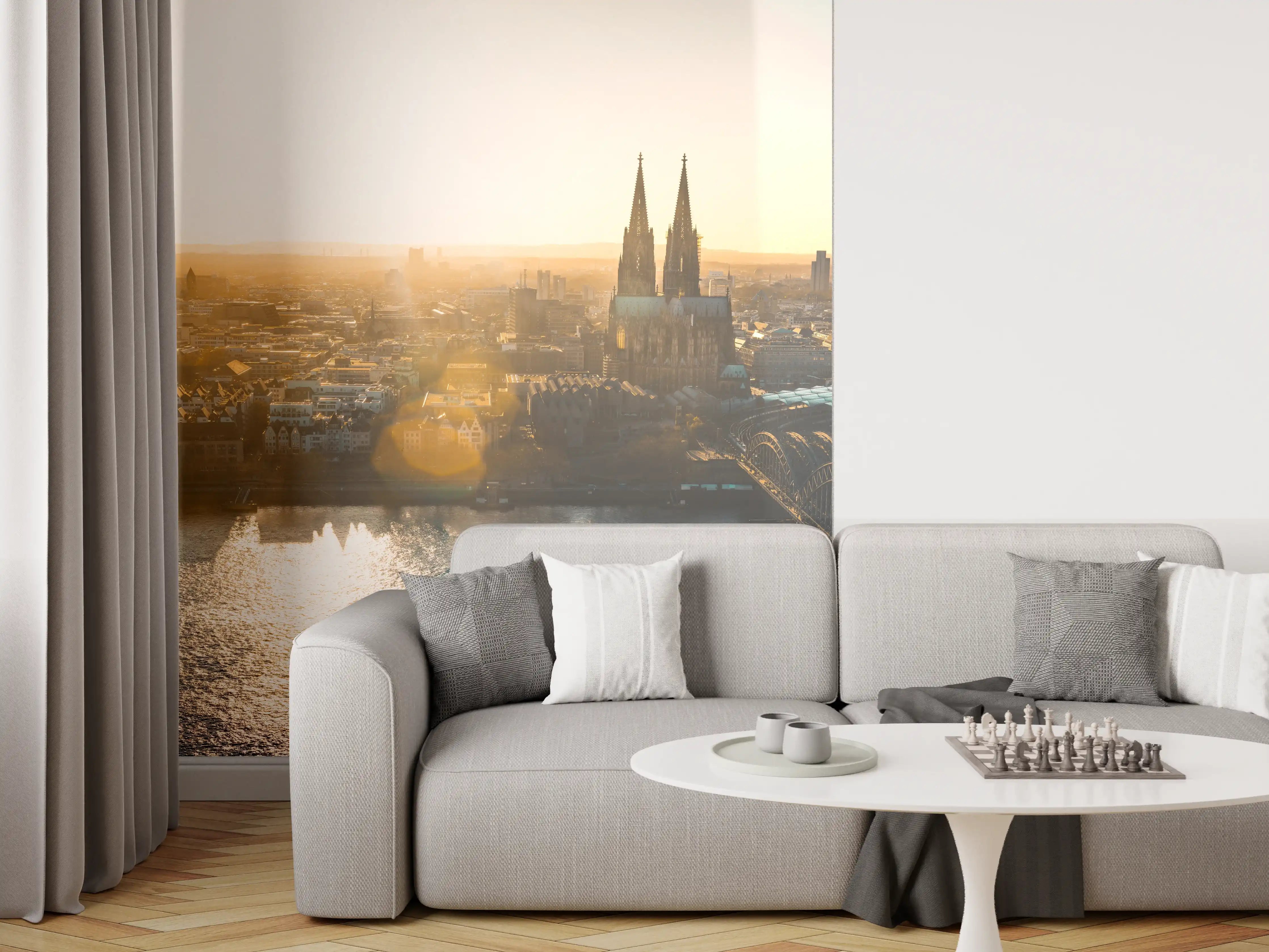 Wandverkleidung Wohnzimmer - Panoramablick auf Köln bei Sonnenaufgang