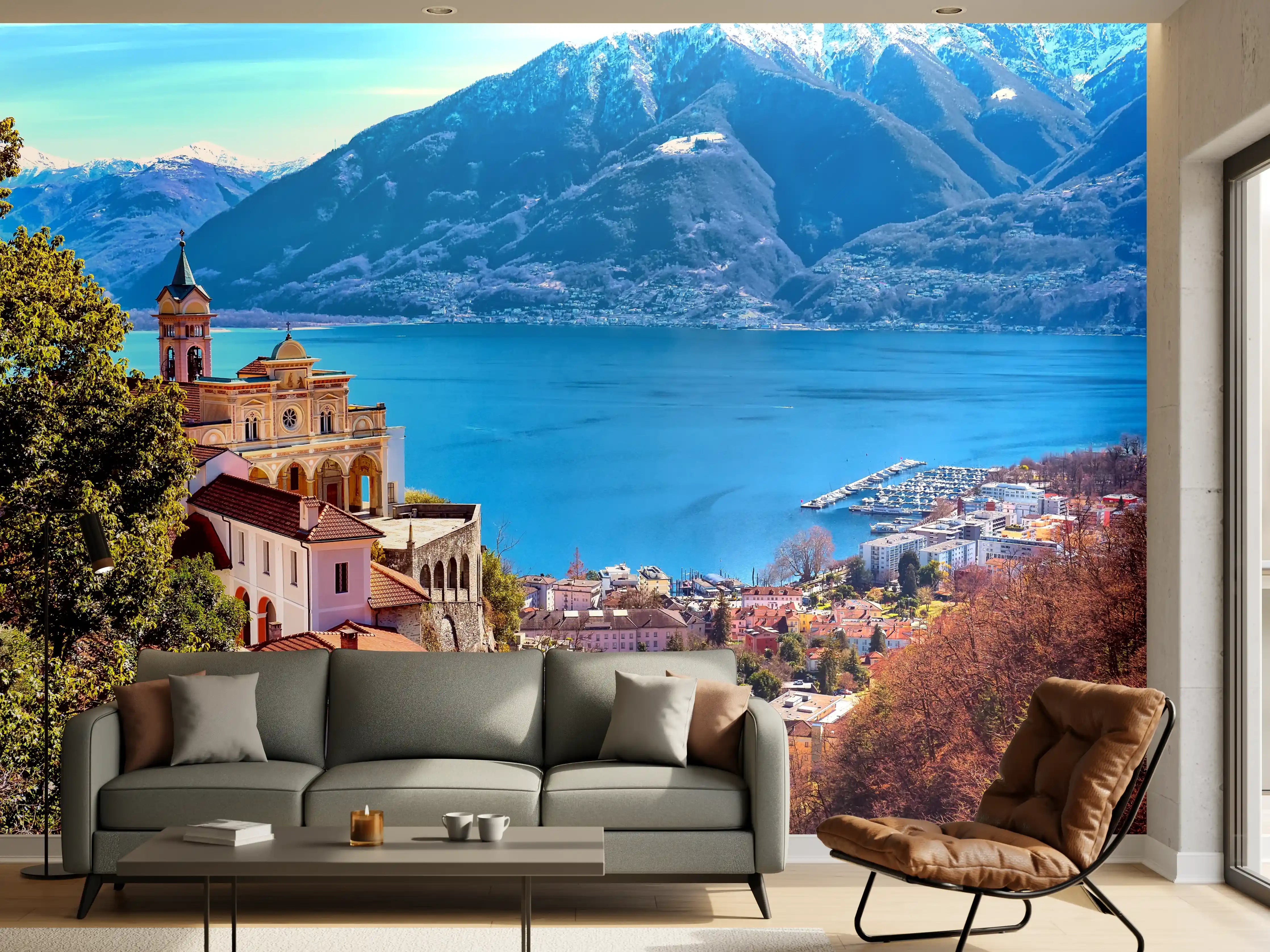 Wandverkleidung Wohnzimmer - Panoramablick auf den schönen Ort am See
