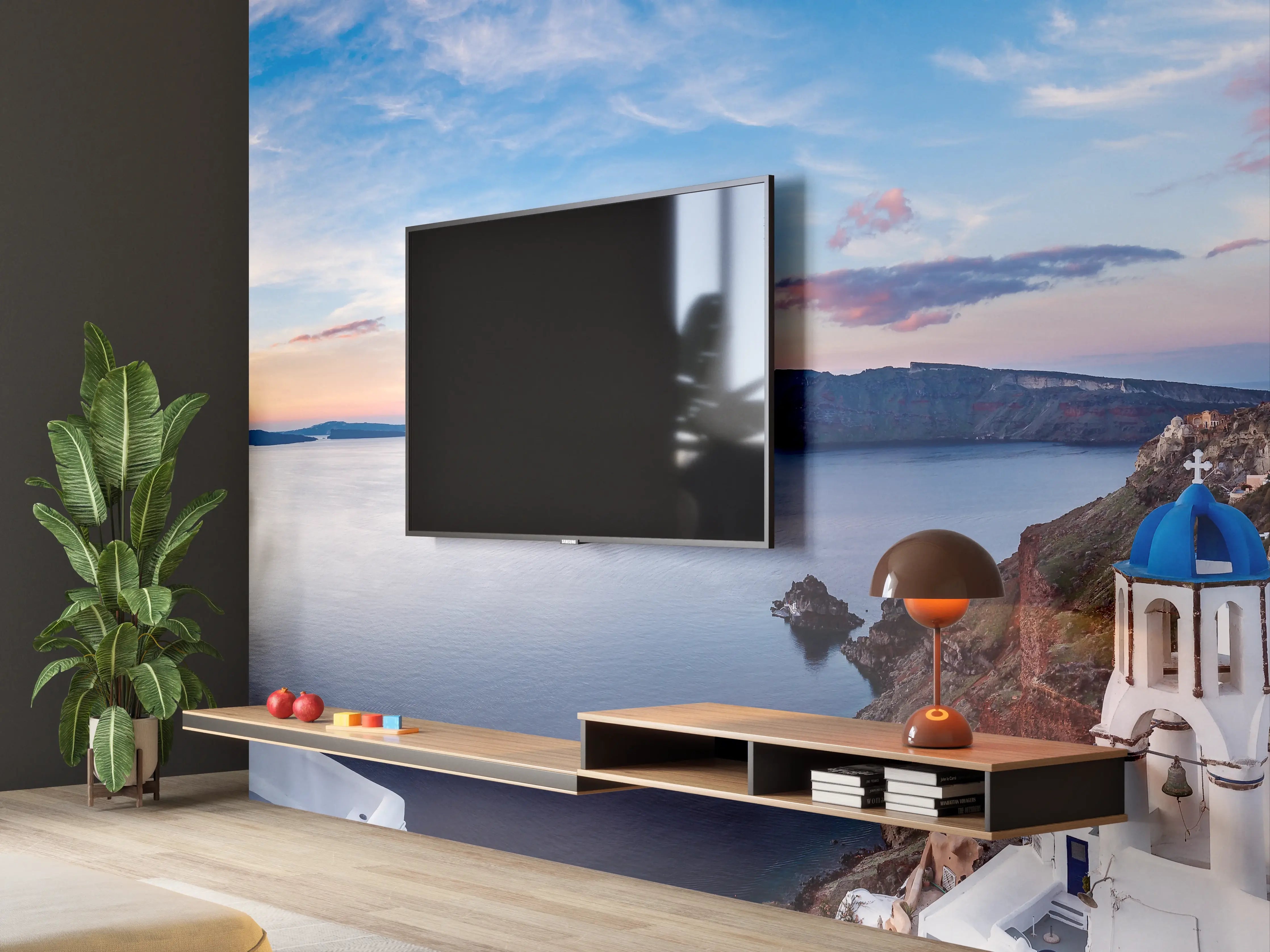 Wandverkleidung Wohnzimmer - Panoramablick der Insel Santorin - Griechenland