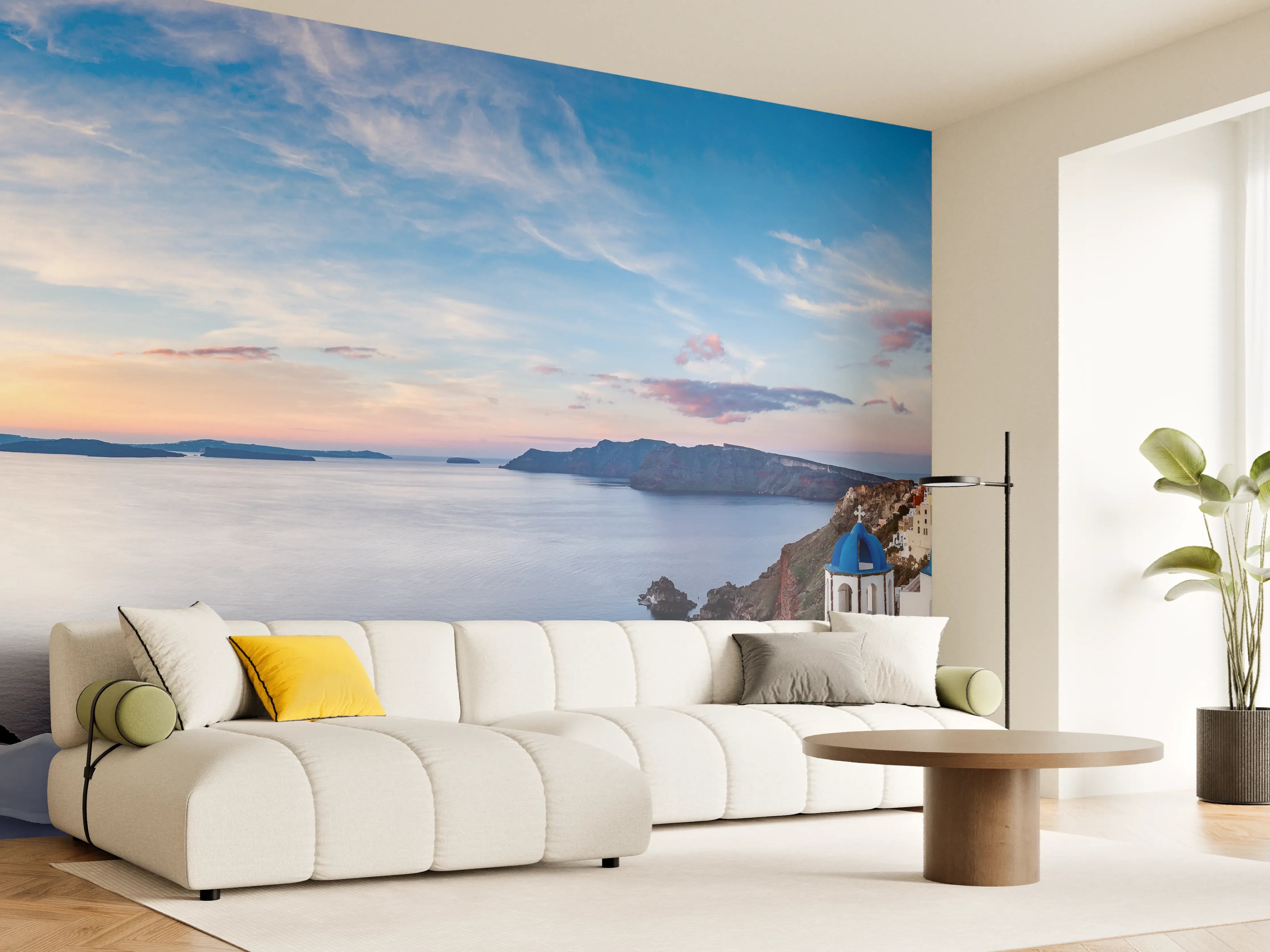 Wandverkleidung Wohnzimmer - Panoramablick der Insel Santorin - Griechenland