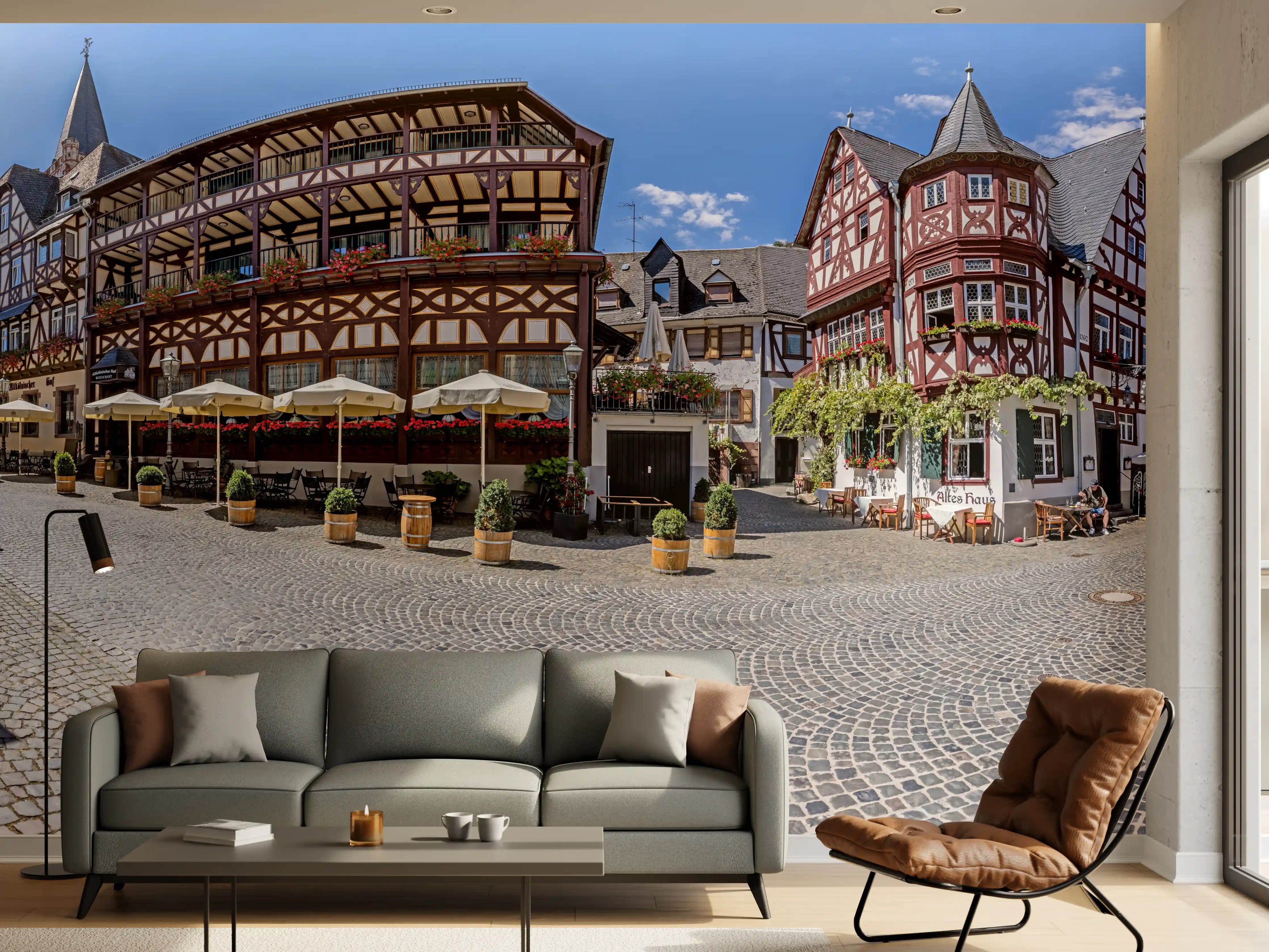 Wandverkleidung Wohnzimmer - Panoramablick über Bacharach