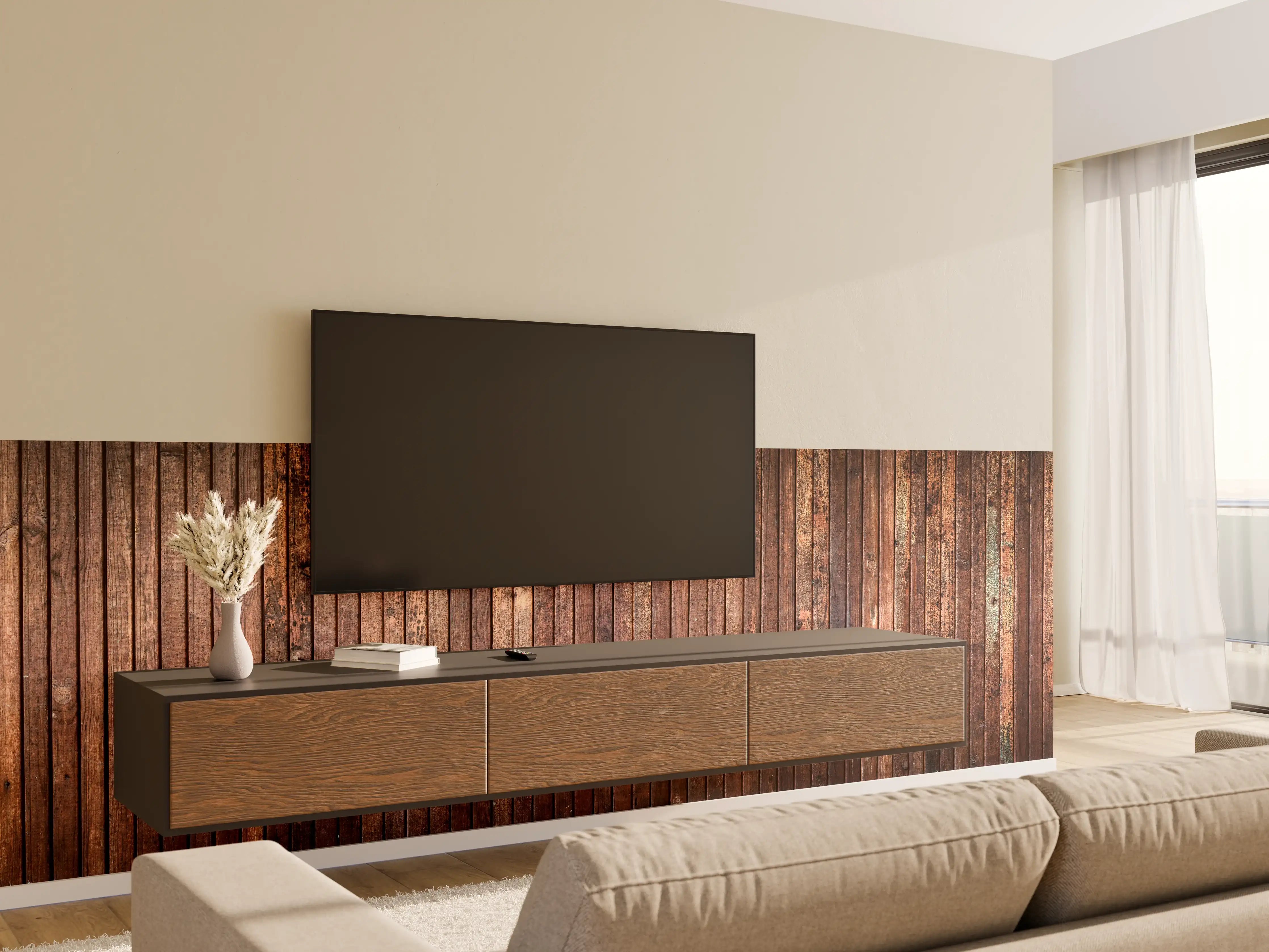 Wandverkleidung Wohnzimmer - Panoramahintergrund aus vertikalen schmalen Holzplatten