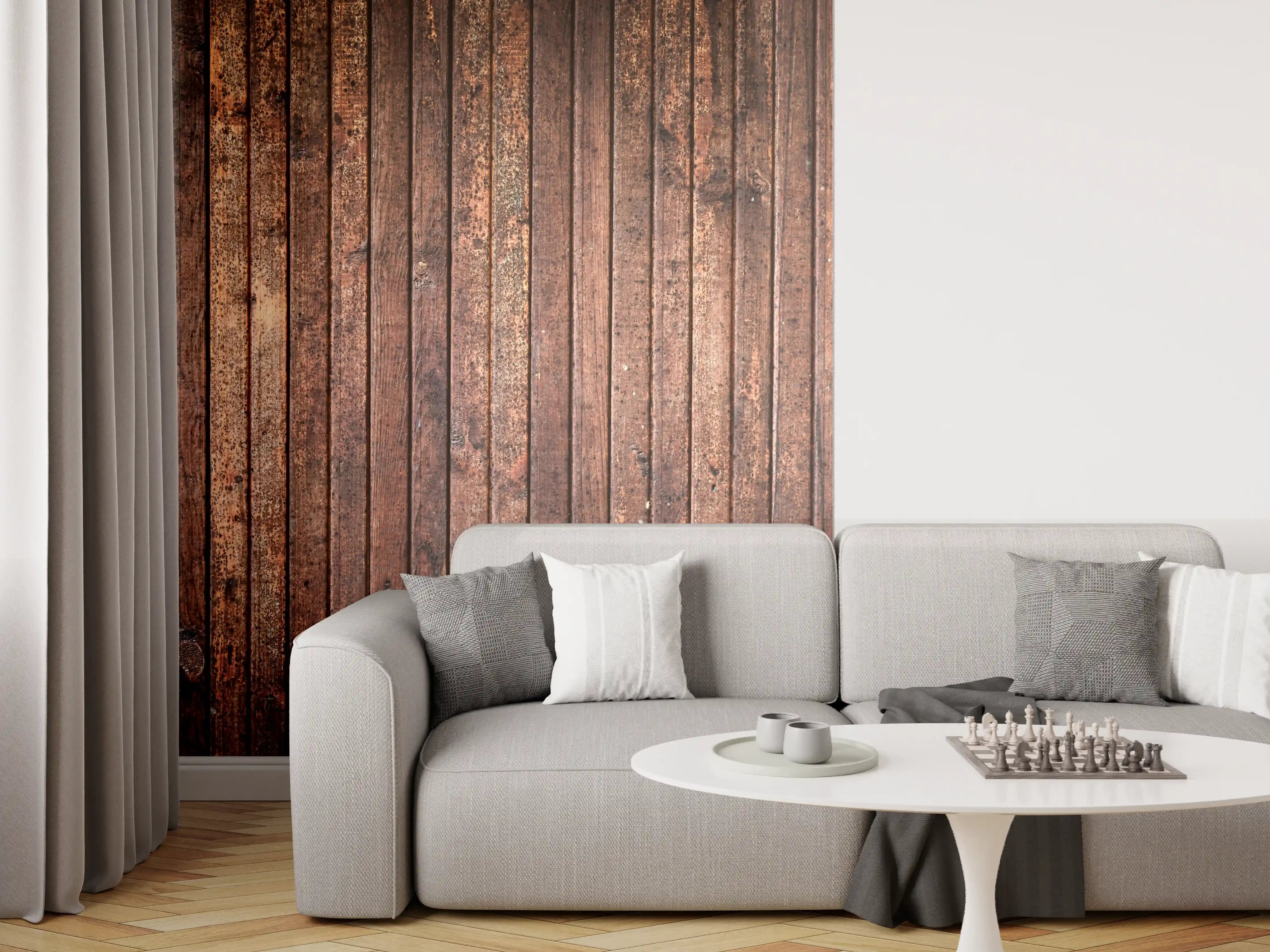 Wandverkleidung Wohnzimmer - Panoramahintergrund aus vertikalen schmalen Holzplatten