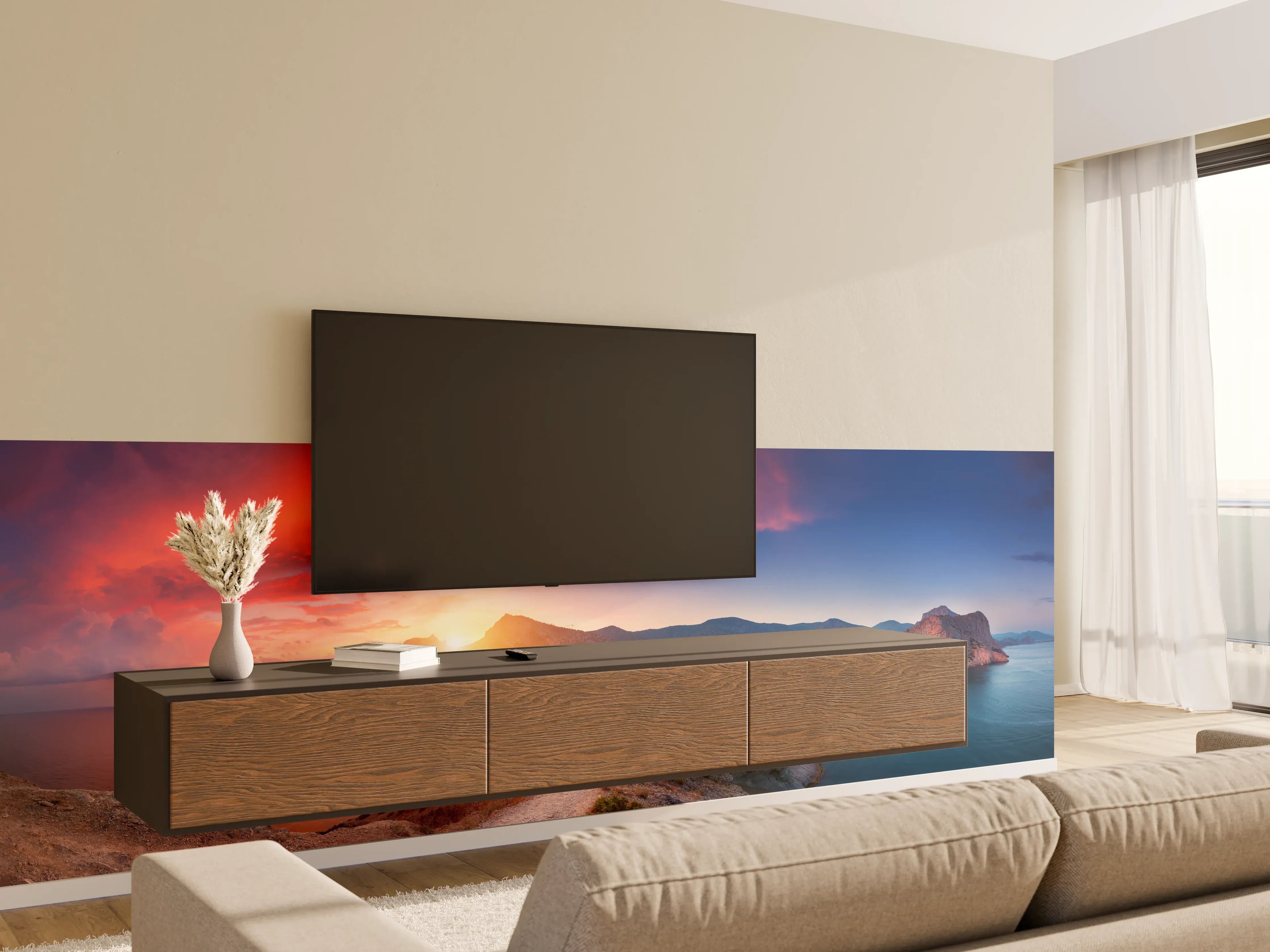 Wandverkleidung Wohnzimmer - Panoramalandschaft mit Bergen