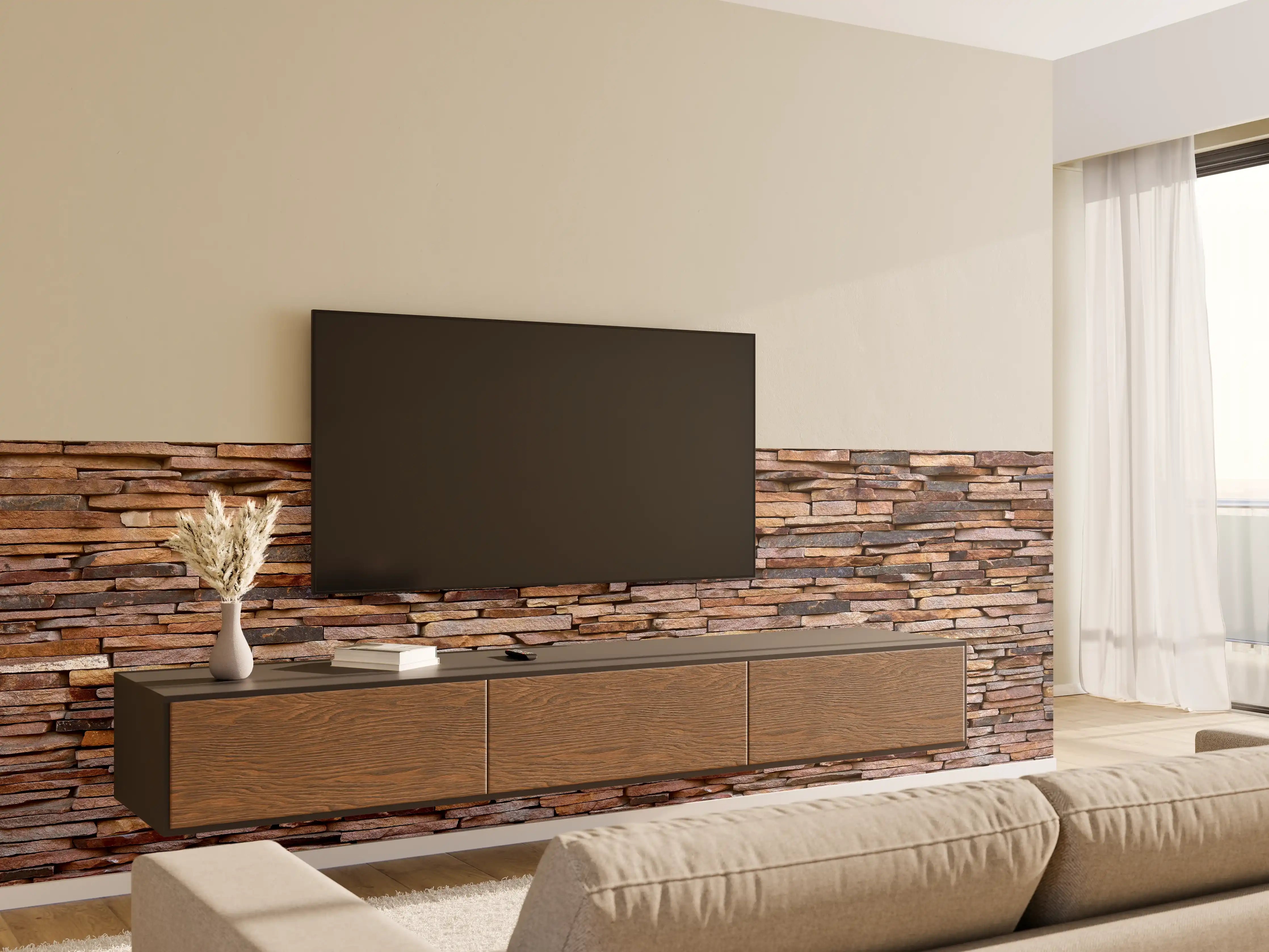 Wandverkleidung Wohnzimmer - Panoramaplatte Granit