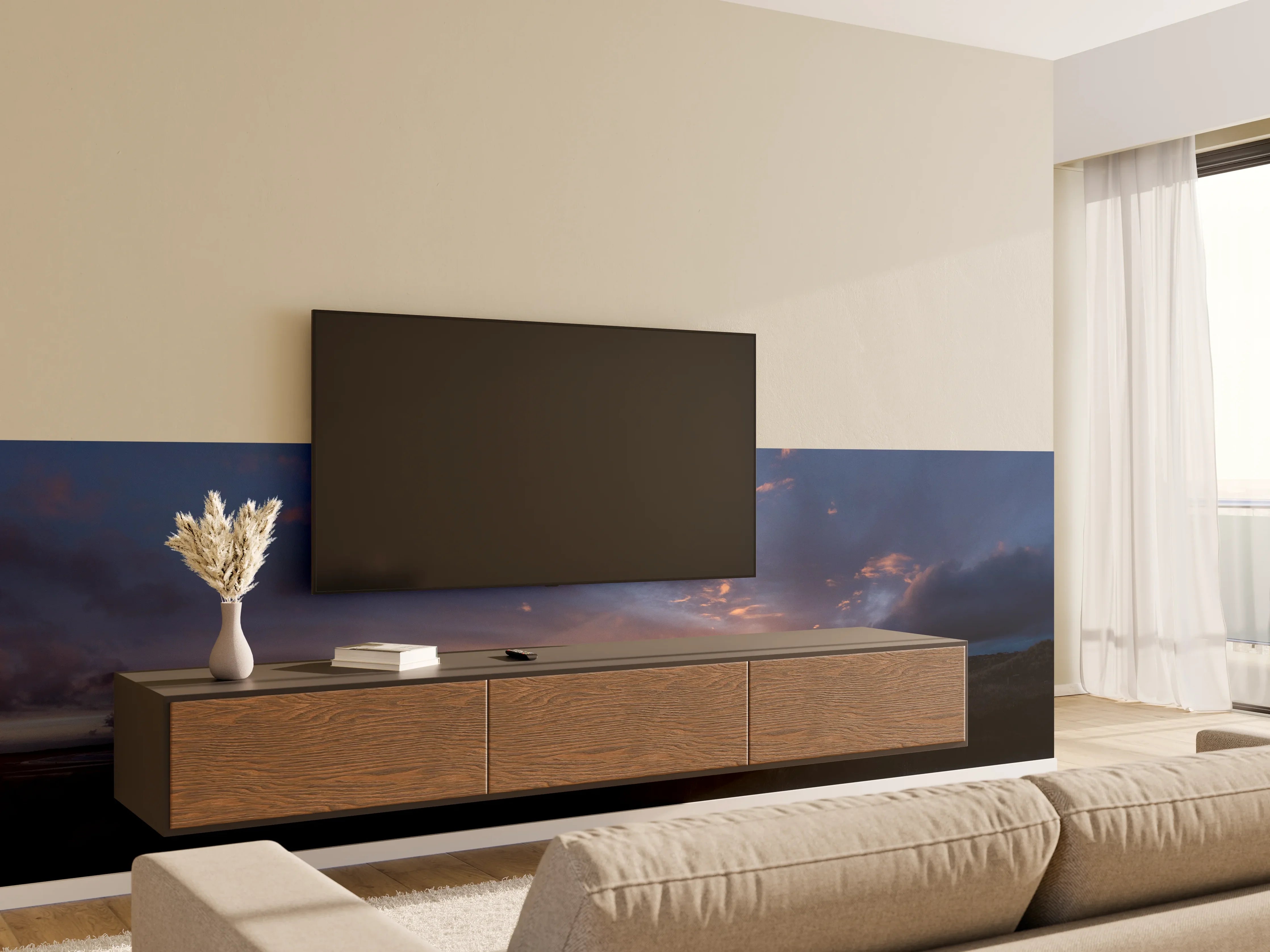 Wandverkleidung Wohnzimmer - Panoramischer Sonnenuntergang über ruhigem Wasser
