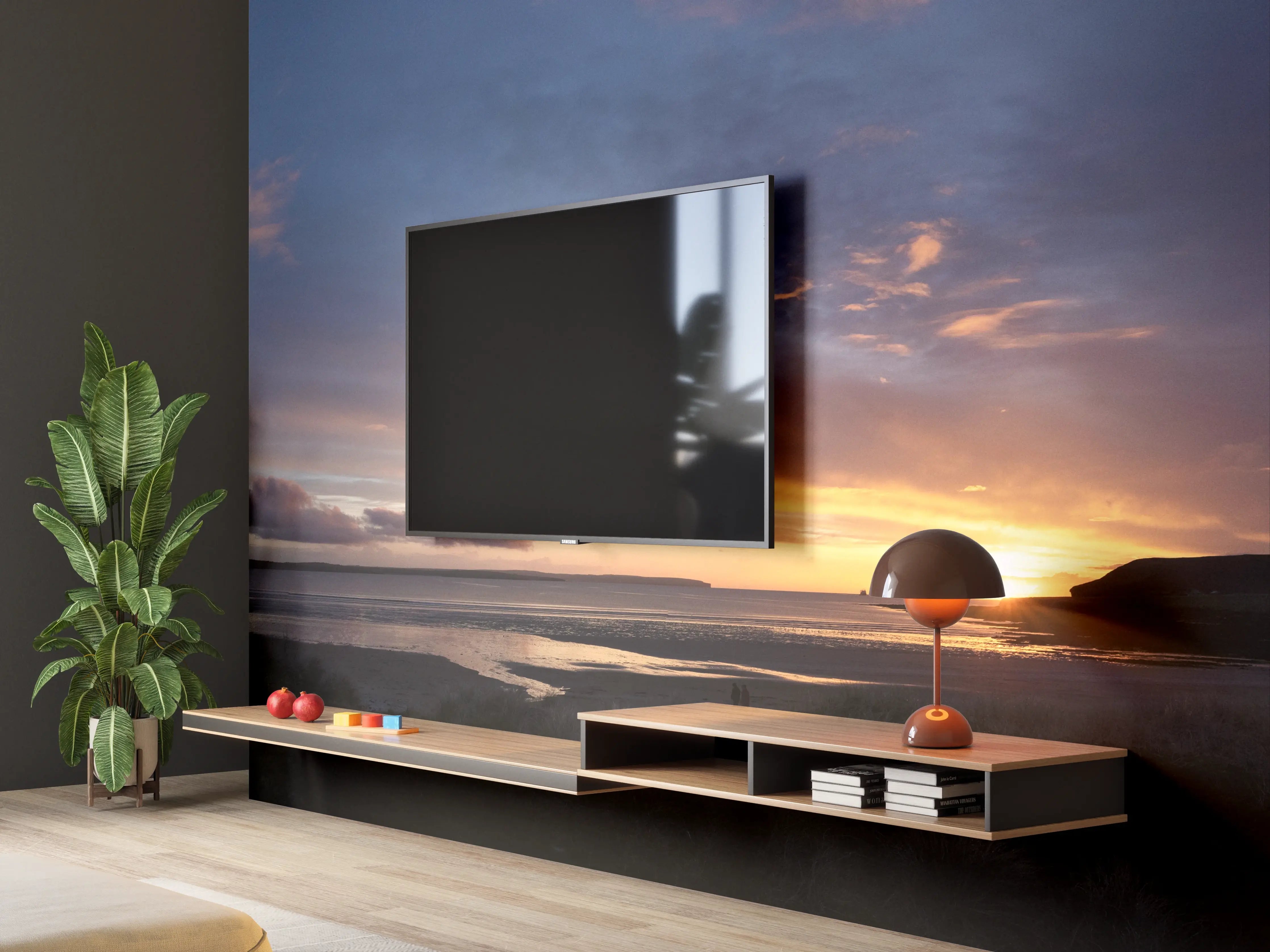 Wandverkleidung Wohnzimmer - Panoramischer Sonnenuntergang über ruhigem Wasser