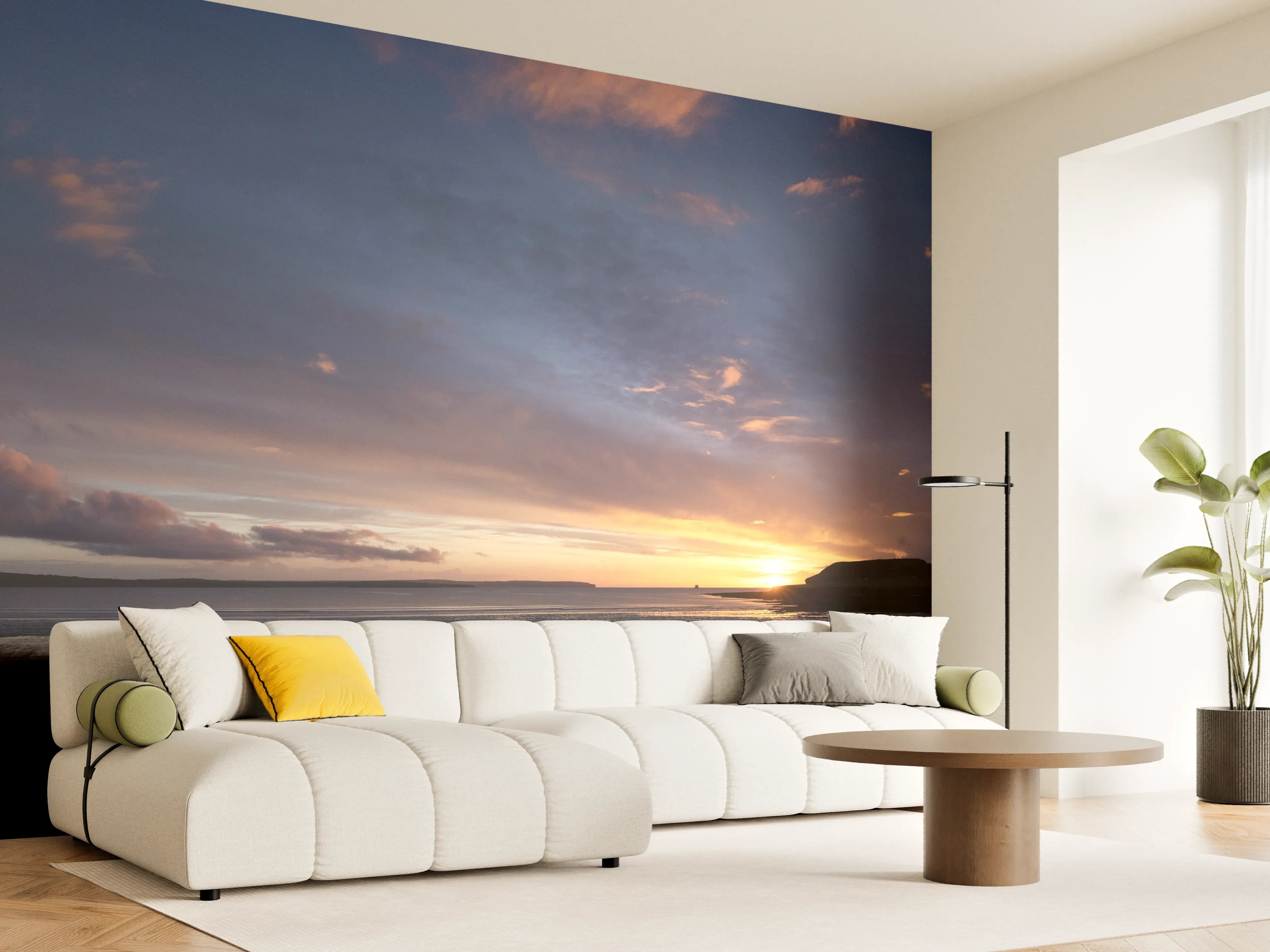 Wandverkleidung Wohnzimmer - Panoramischer Sonnenuntergang über ruhigem Wasser