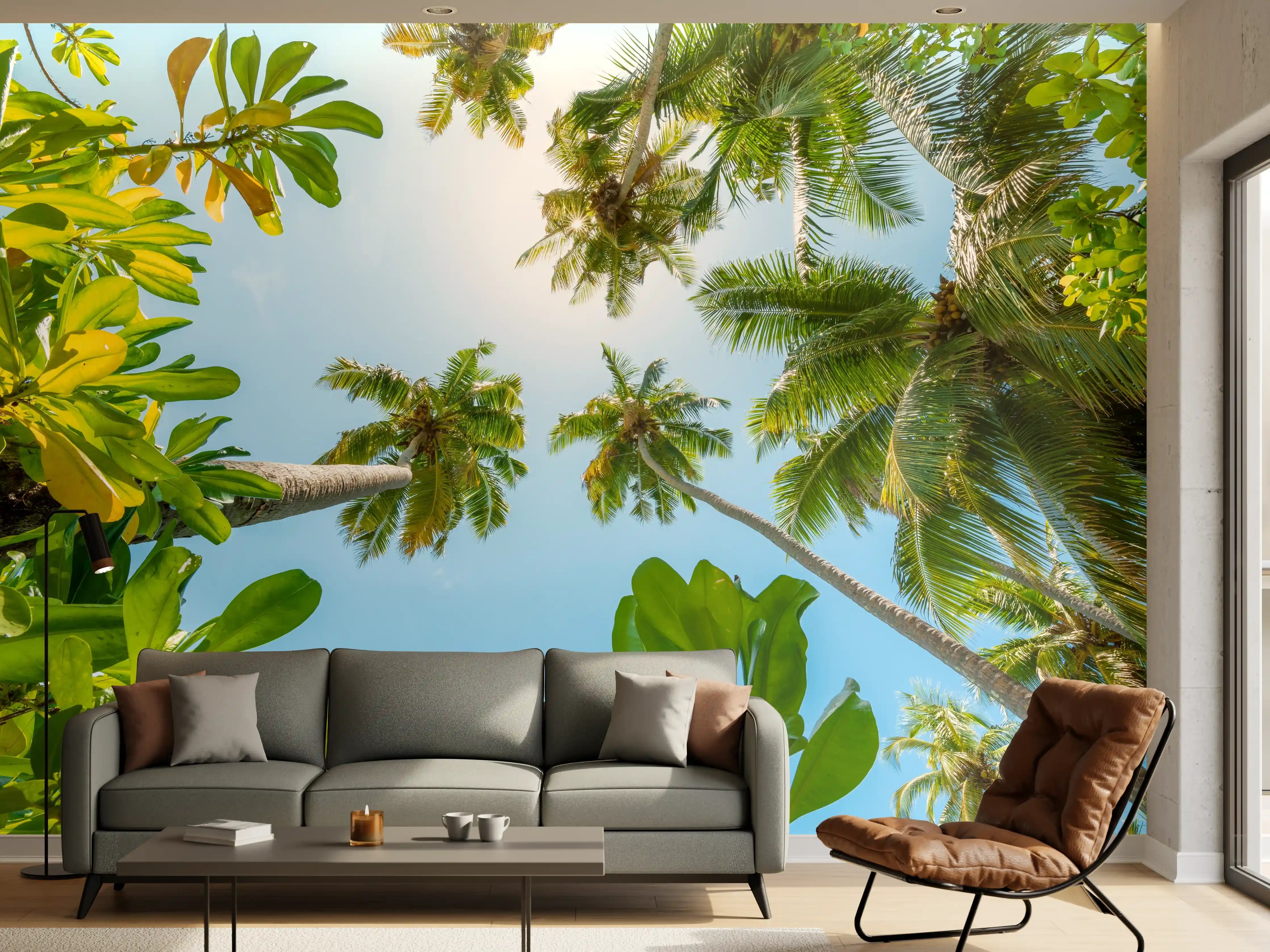 Wandverkleidung Wohnzimmer - Paradiesische Baumlandschaft im Sonnenlicht