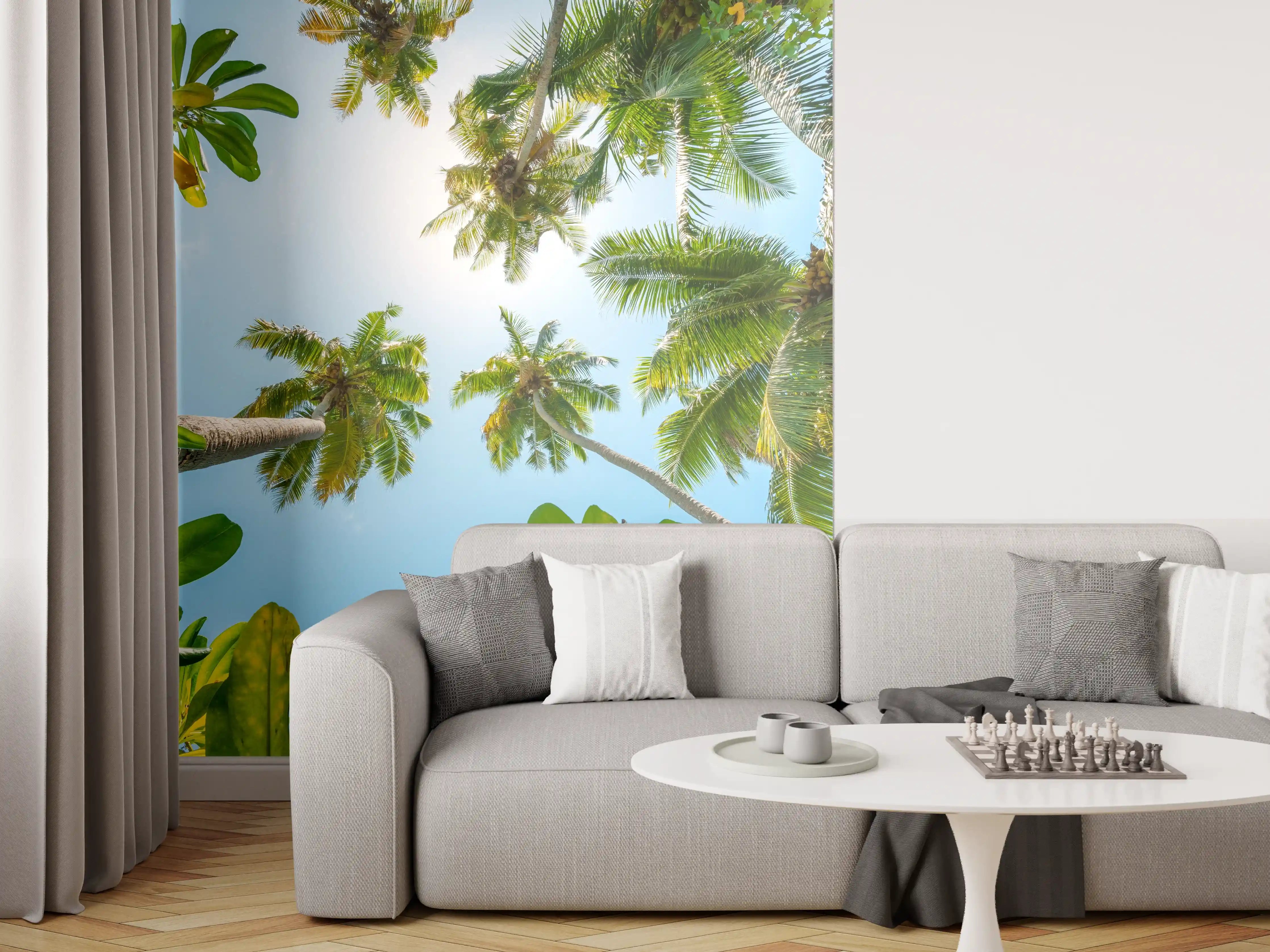 Wandverkleidung Wohnzimmer - Paradiesische Baumlandschaft im Sonnenlicht