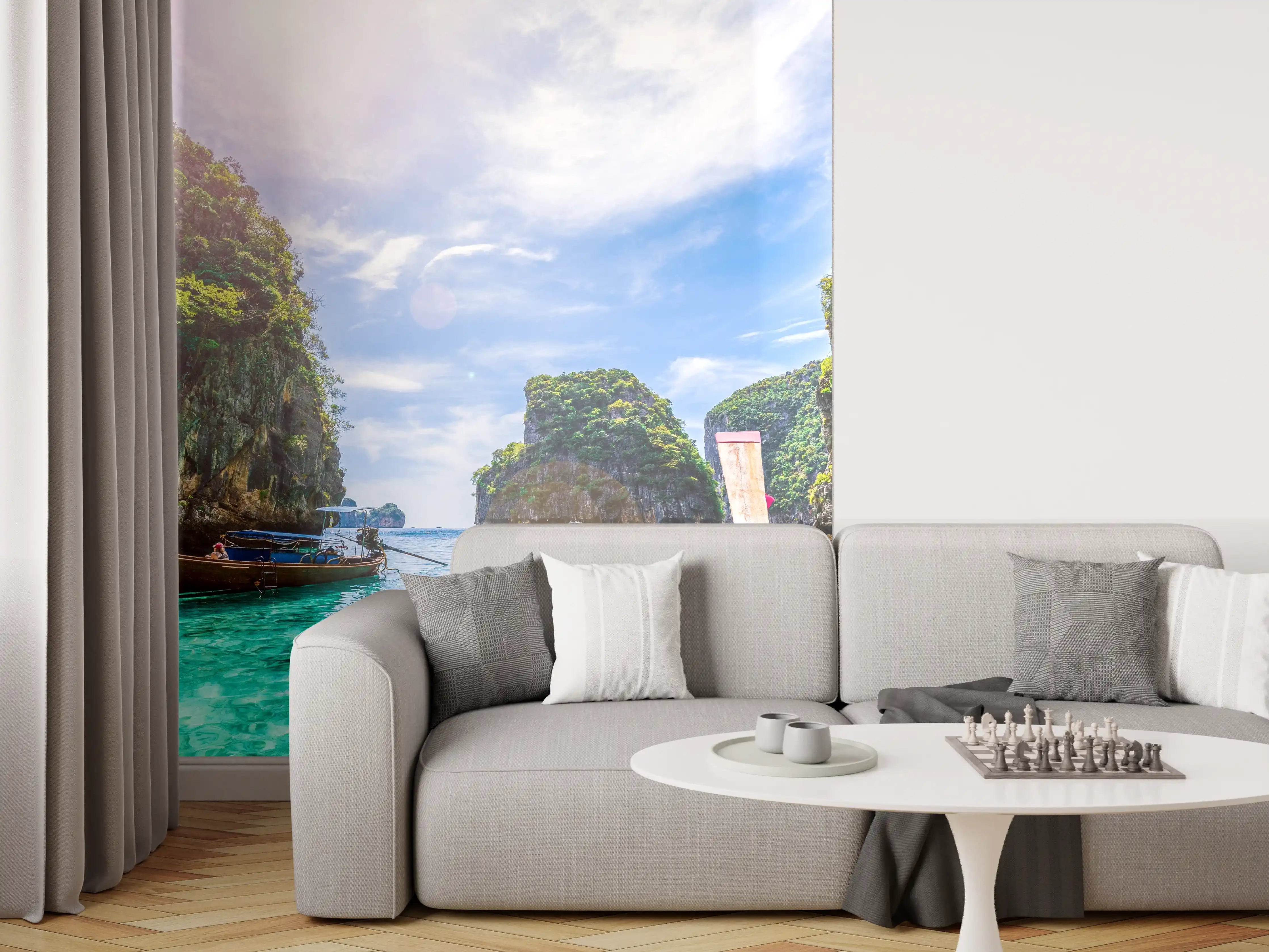Wandverkleidung Wohnzimmer - Paradiesische Bootsfahrt im türkisblauen Wasser