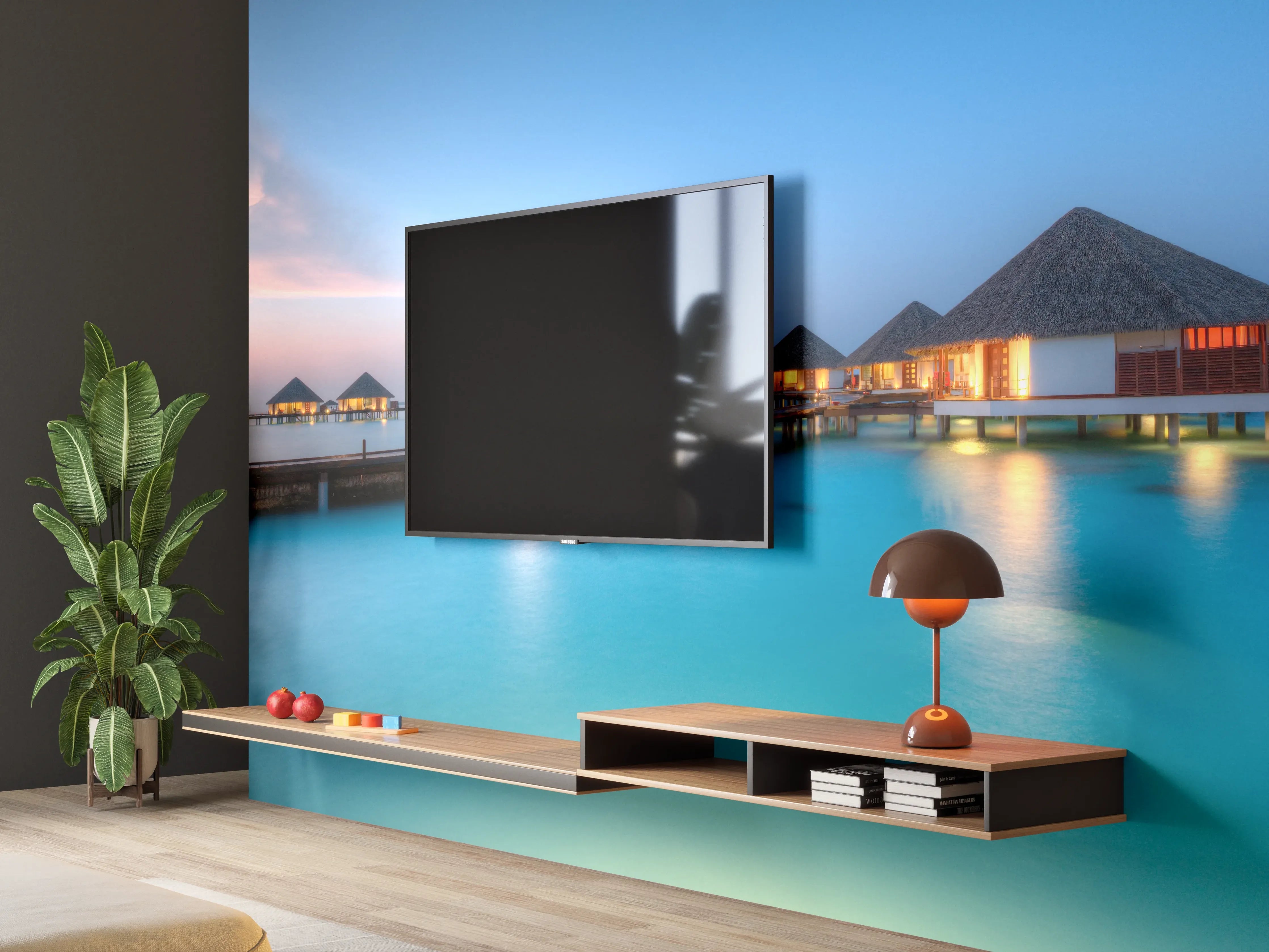 Wandverkleidung Wohnzimmer - Paradiesischer Resort-Hafen bei Sonnenuntergang