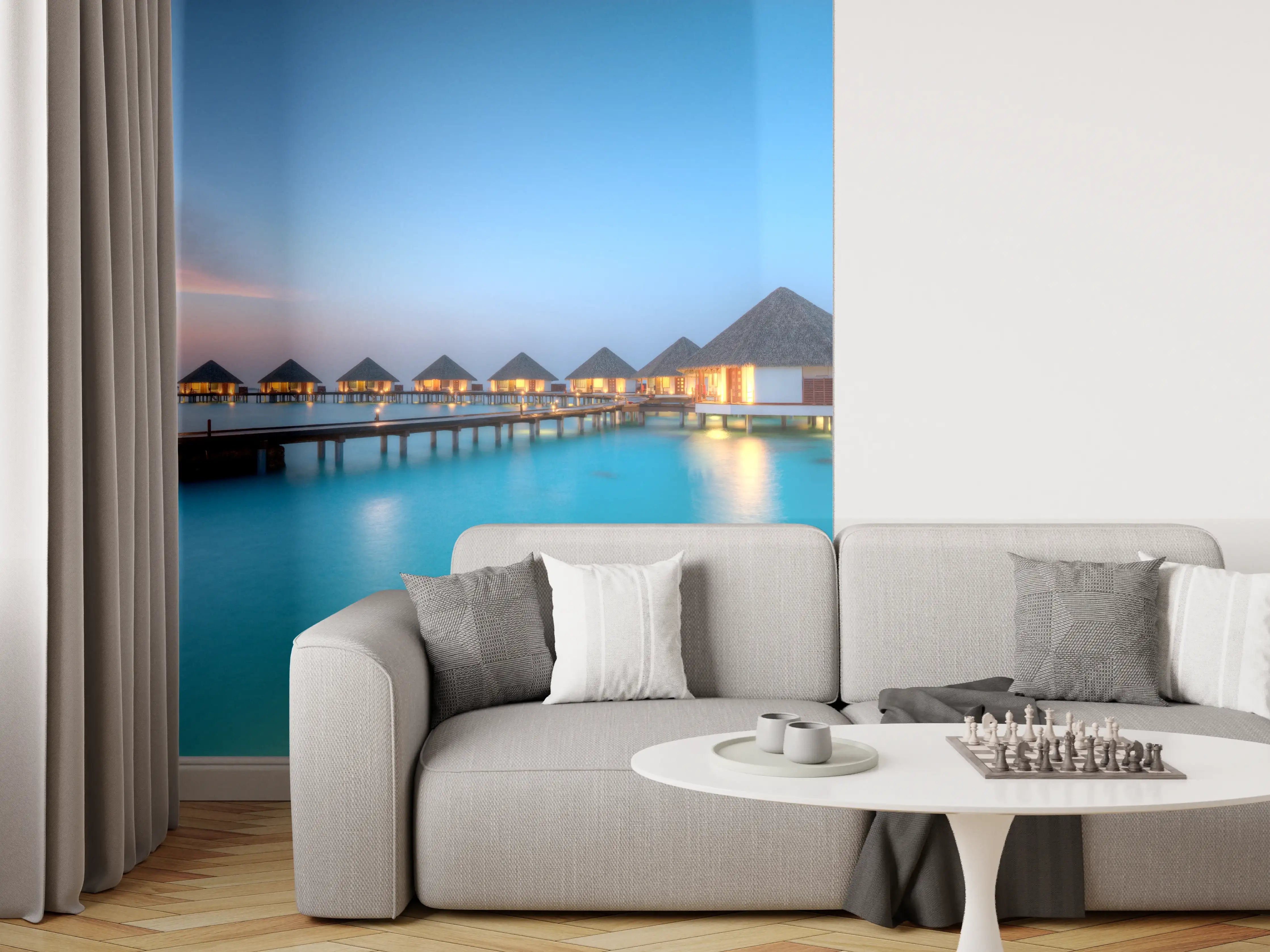 Wandverkleidung Wohnzimmer - Paradiesischer Resort-Hafen bei Sonnenuntergang