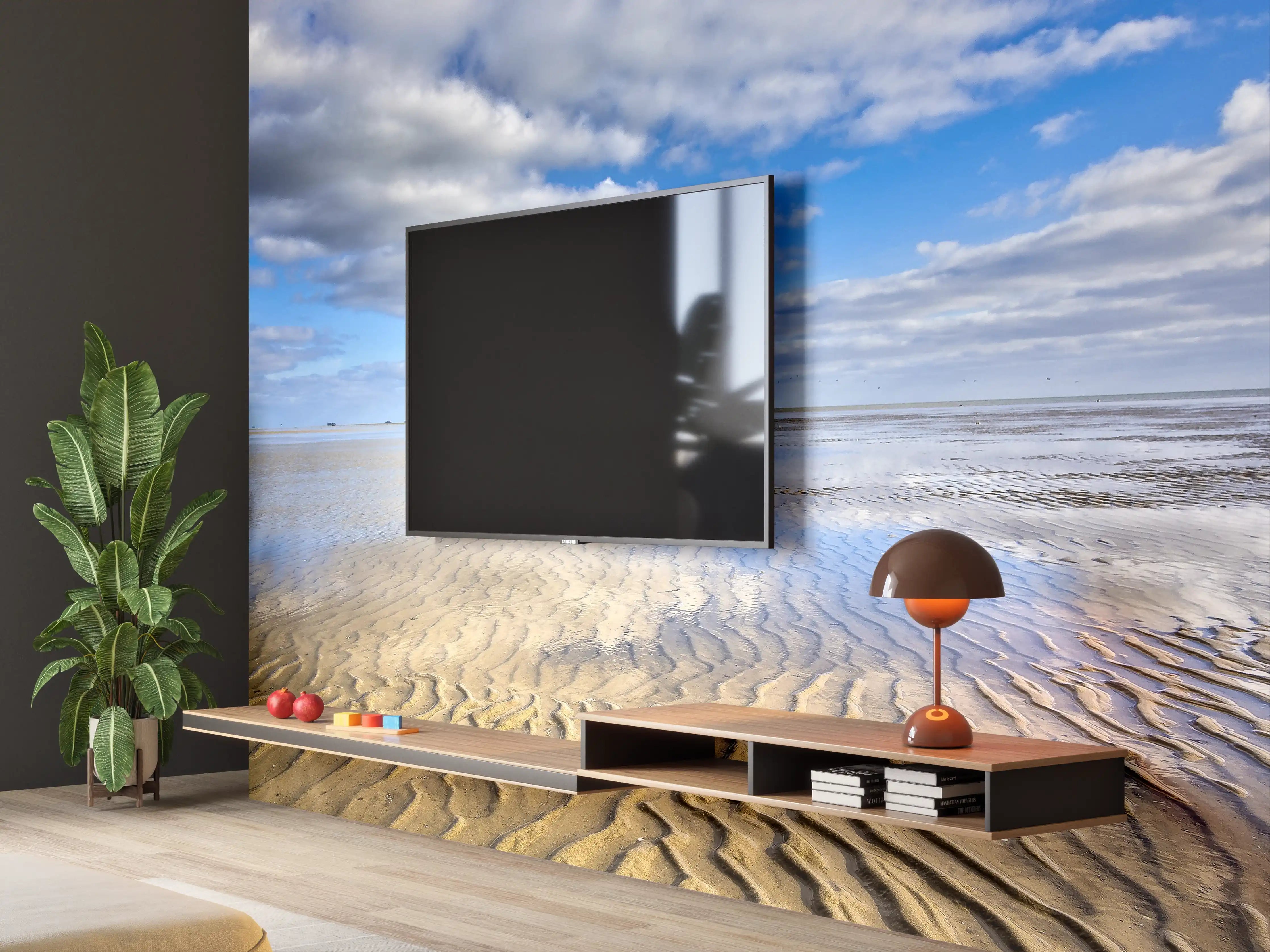 Wandverkleidung Wohnzimmer - Paradiesischer Strand mit Wolken-Skyline