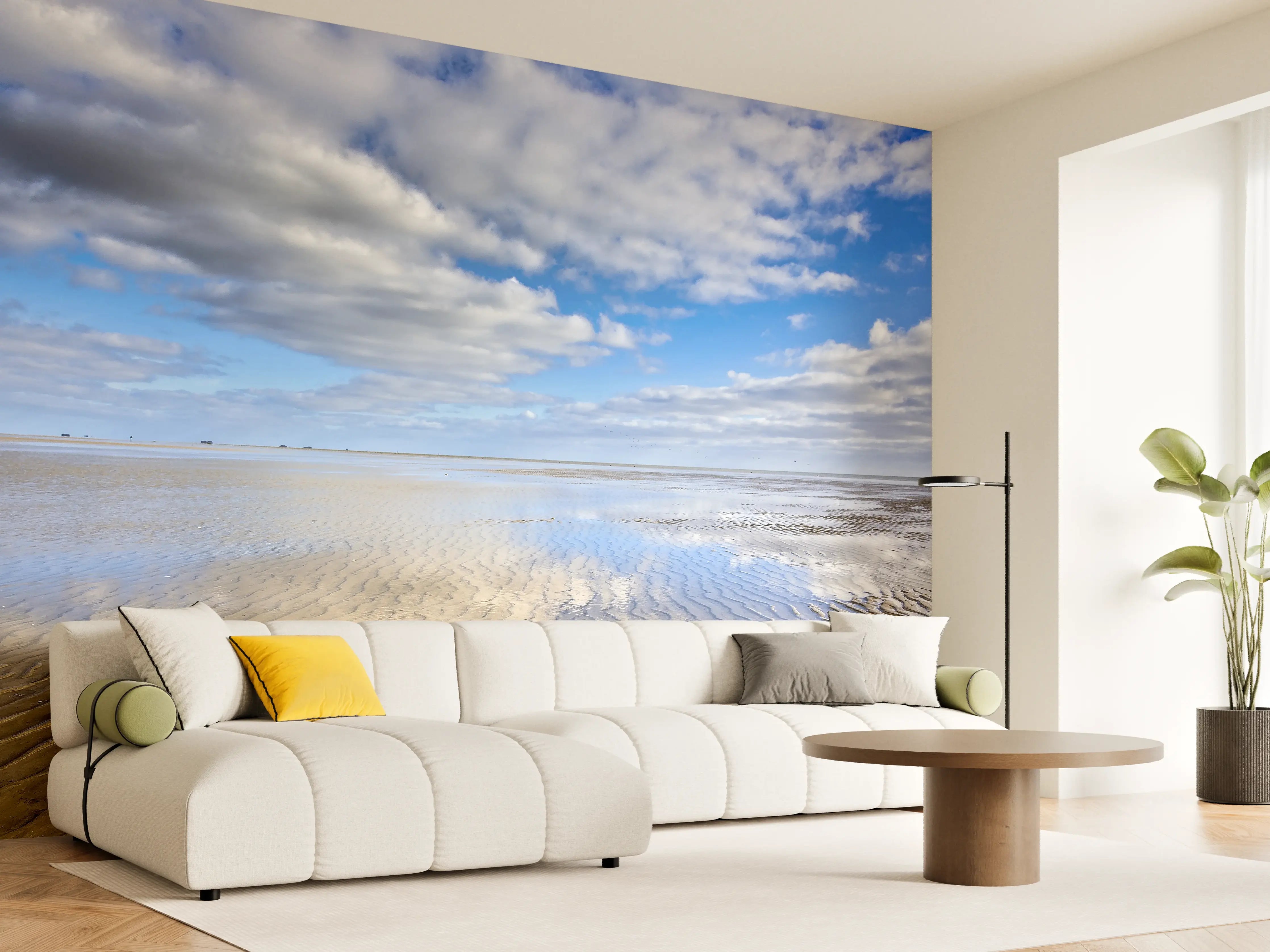 Wandverkleidung Wohnzimmer - Paradiesischer Strand mit Wolken-Skyline