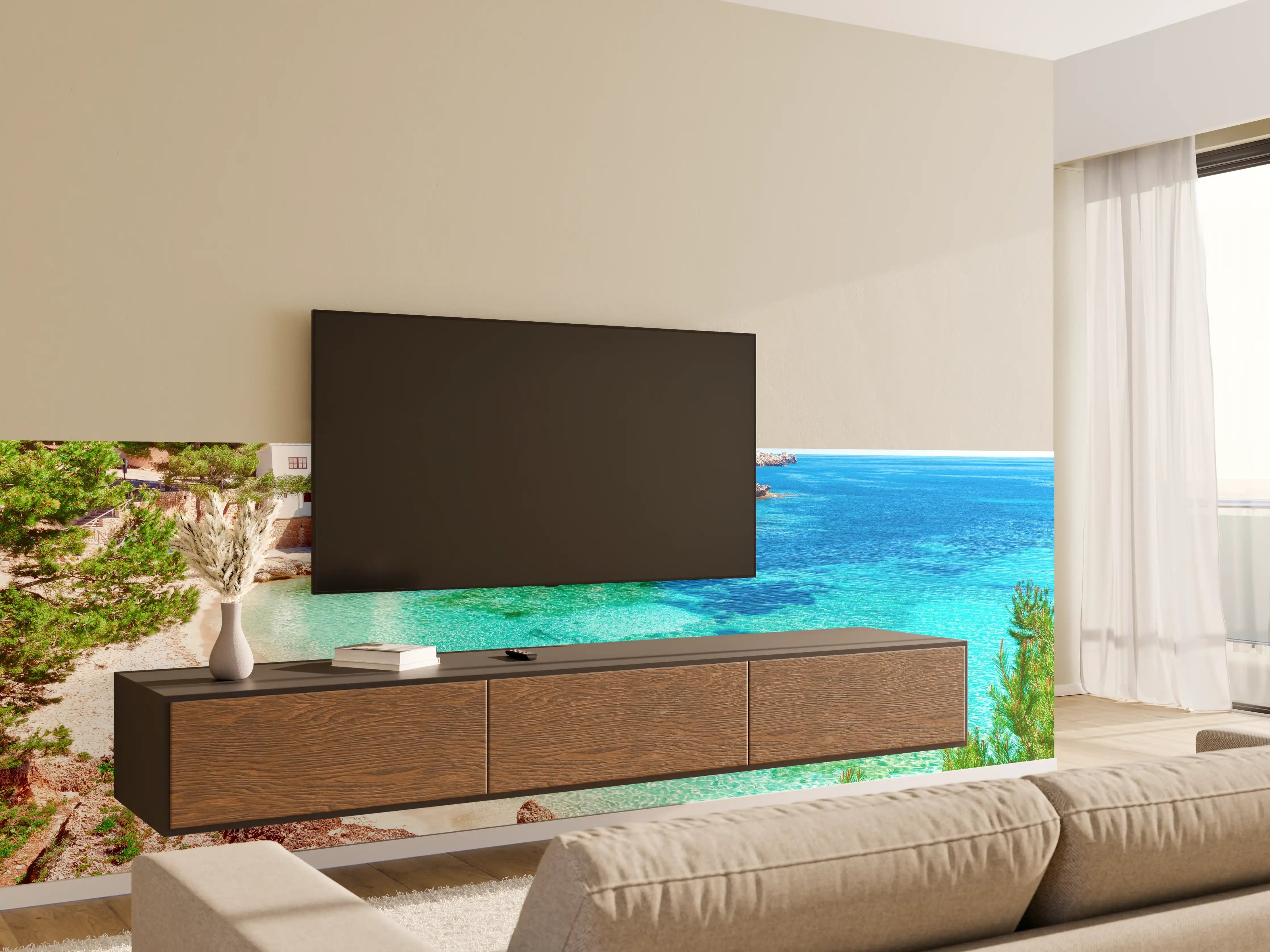 Wandverkleidung Wohnzimmer - Paradiesischer Strand mit klarem Wasser und Haus am Ufer