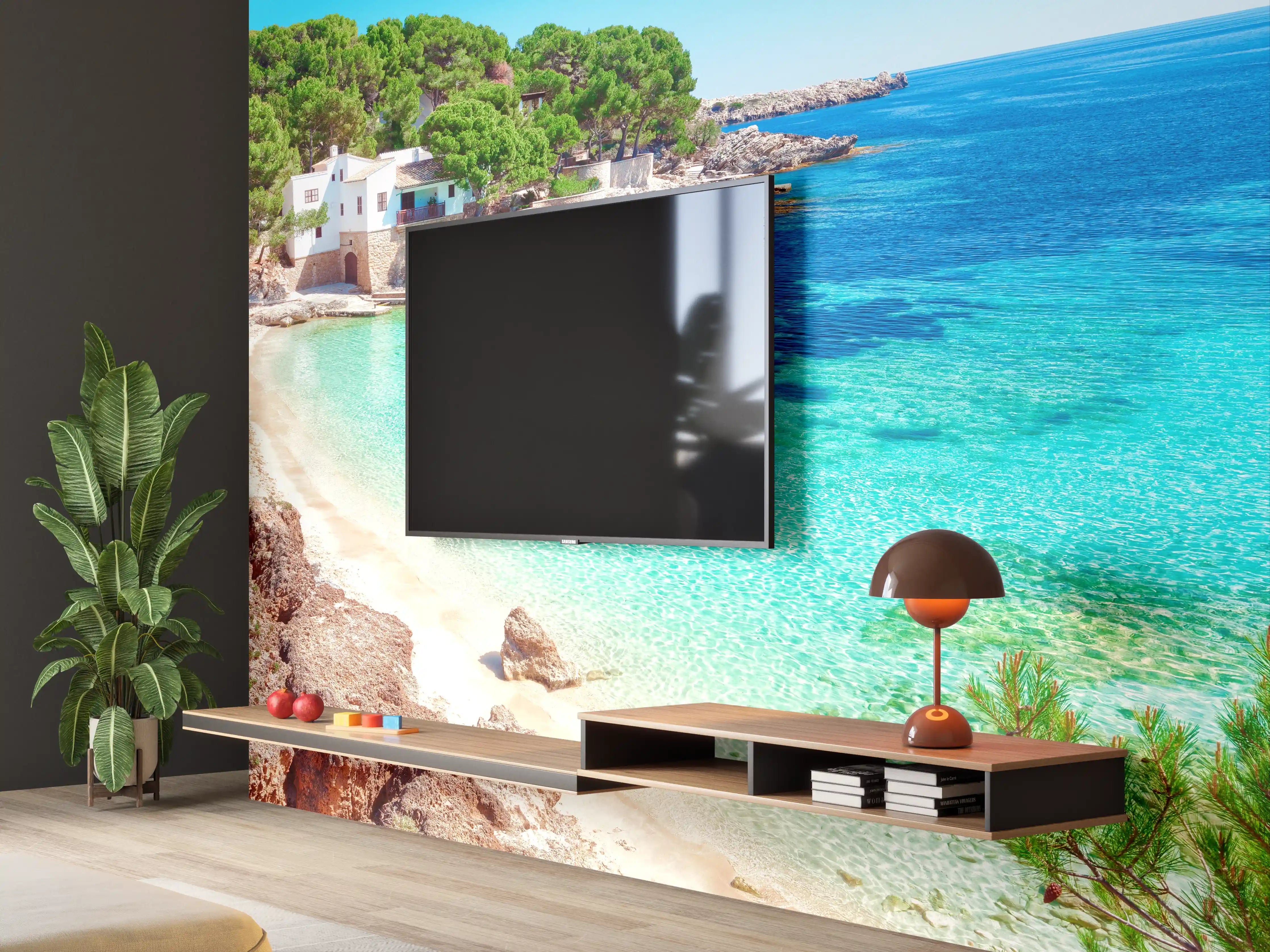 Wandverkleidung Wohnzimmer - Paradiesischer Strand mit klarem Wasser und Haus am Ufer