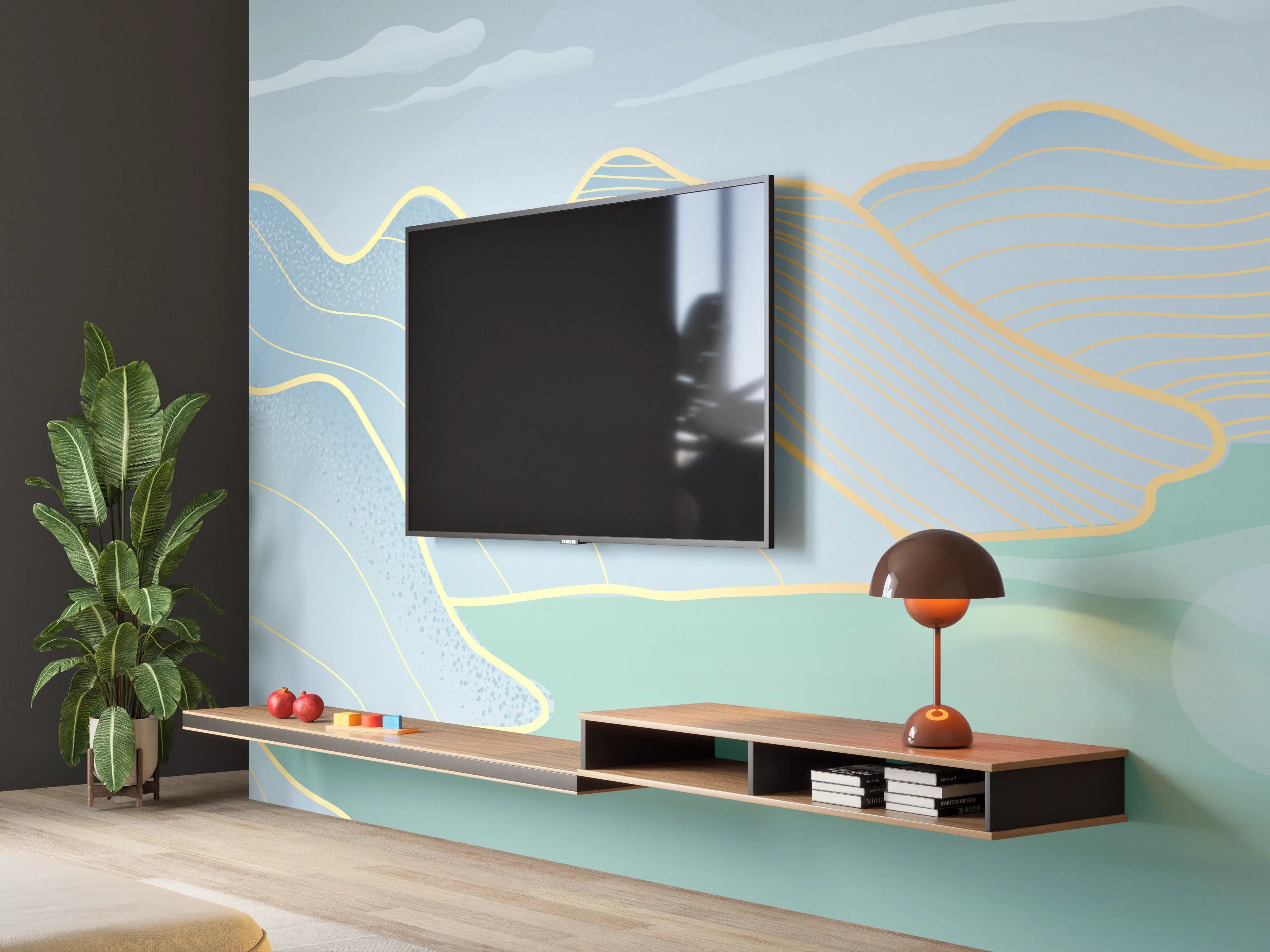 Wandverkleidung Wohnzimmer - Pastell Berge und See Panorama