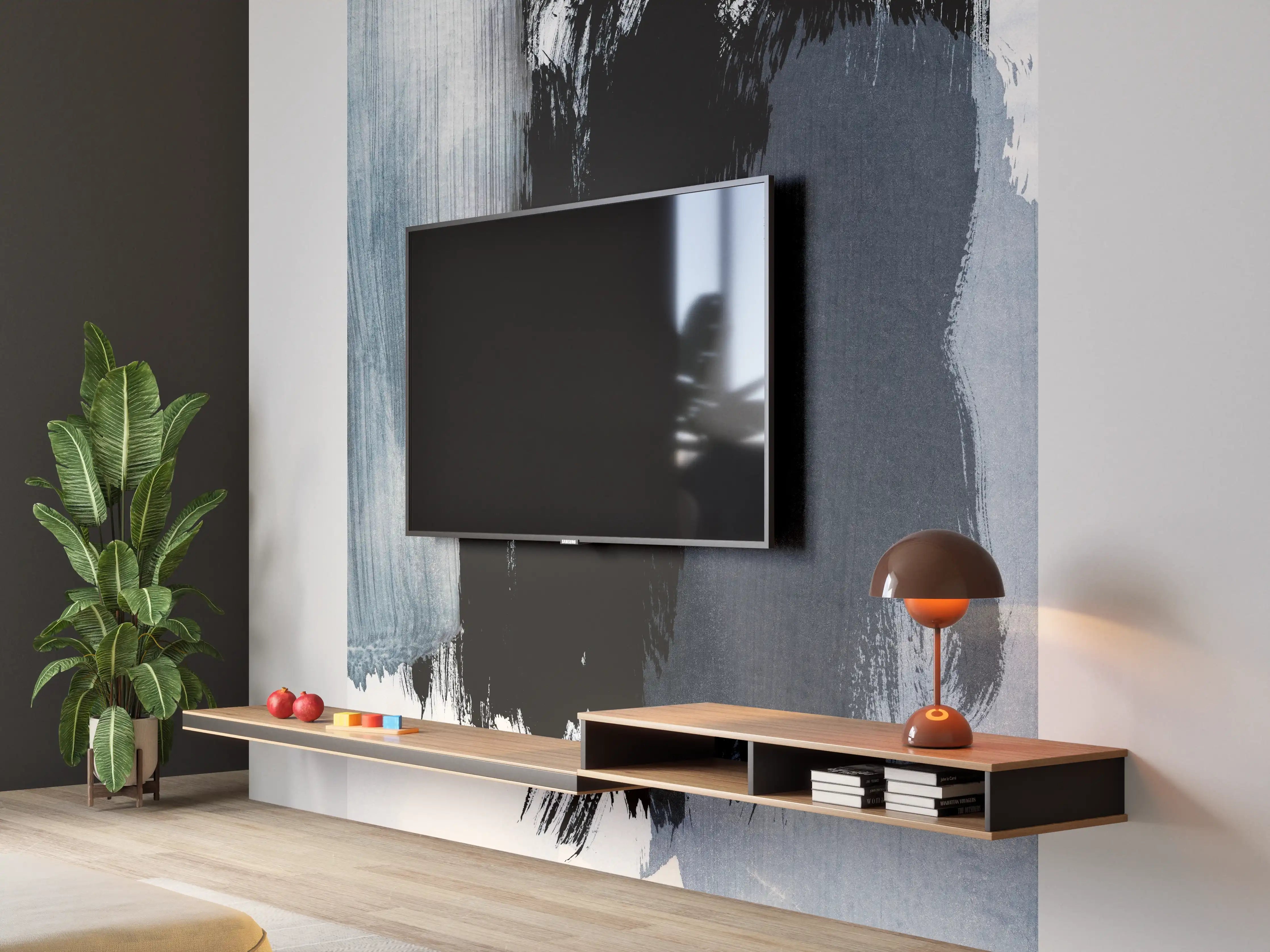 Wandverkleidung Wohnzimmer - Pastell-Blaugraue Abstraktion