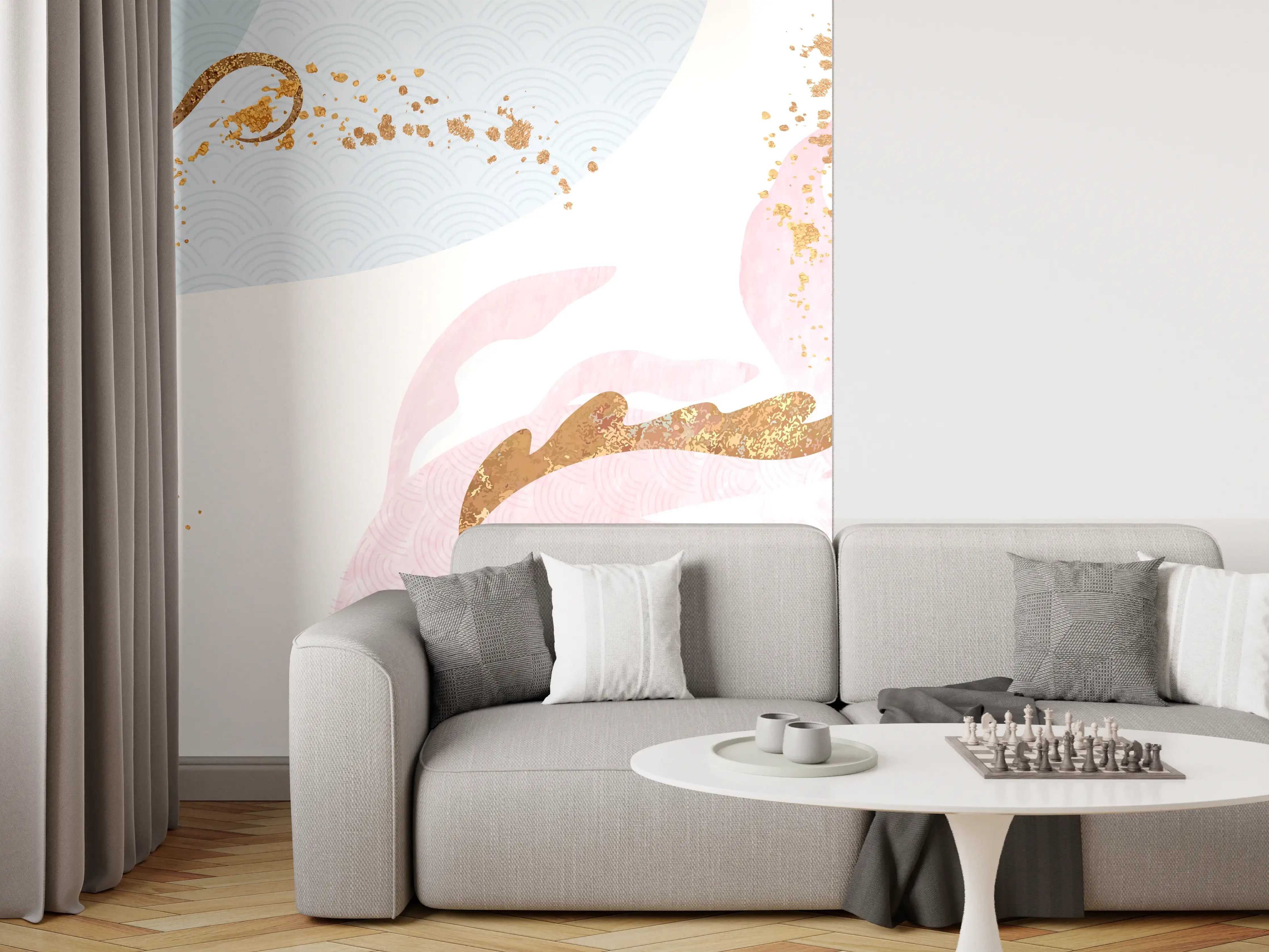 Wandverkleidung Wohnzimmer - Pastell-Blumenmuster Goldakzente